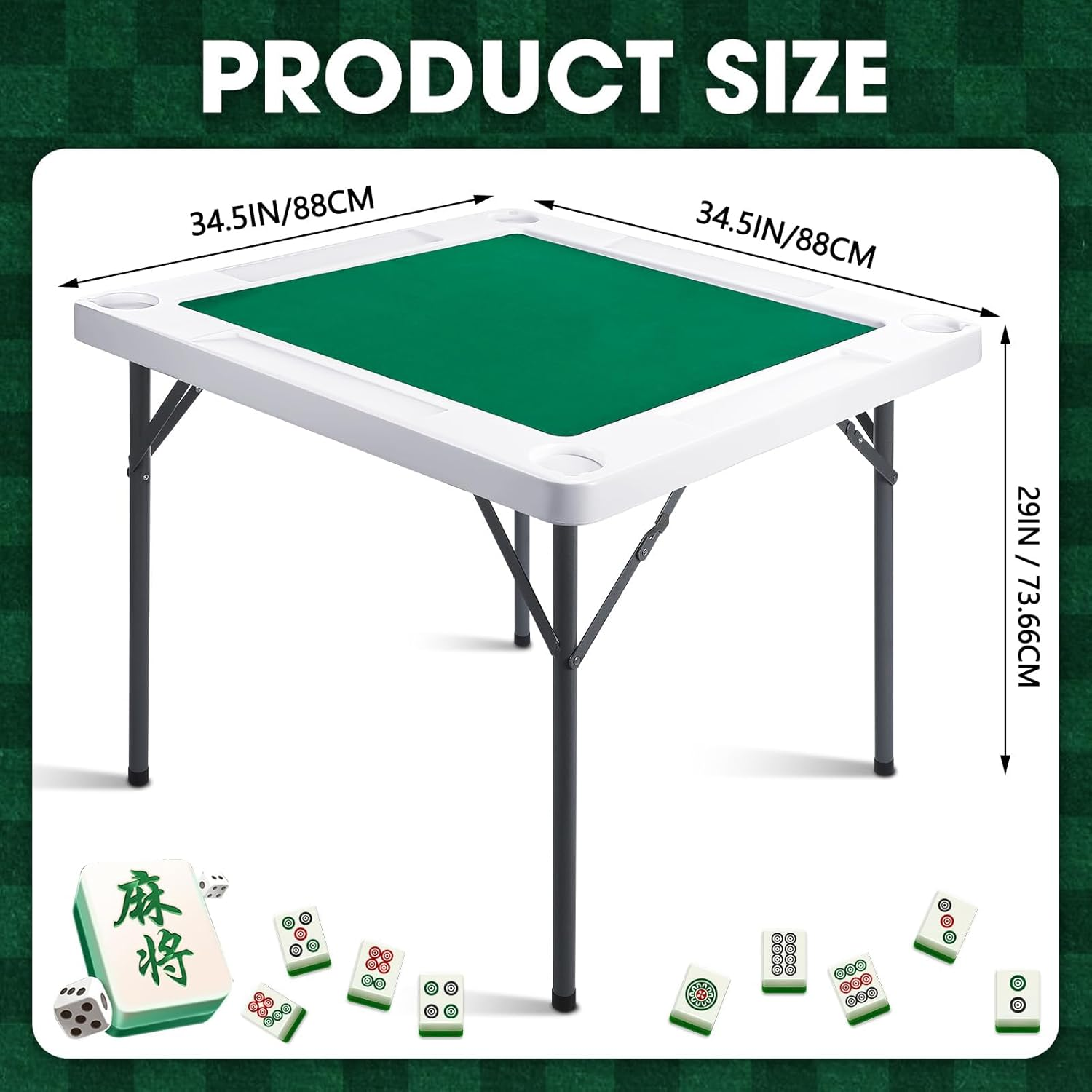 Folding Mahjong Game Table, 88Cm Foldable Mahjong Table Plastic and Metal Folding Square Table with Green Playing Surface and 4 Cup Holders for Mahjong Poker Domino Adults Games image number 5