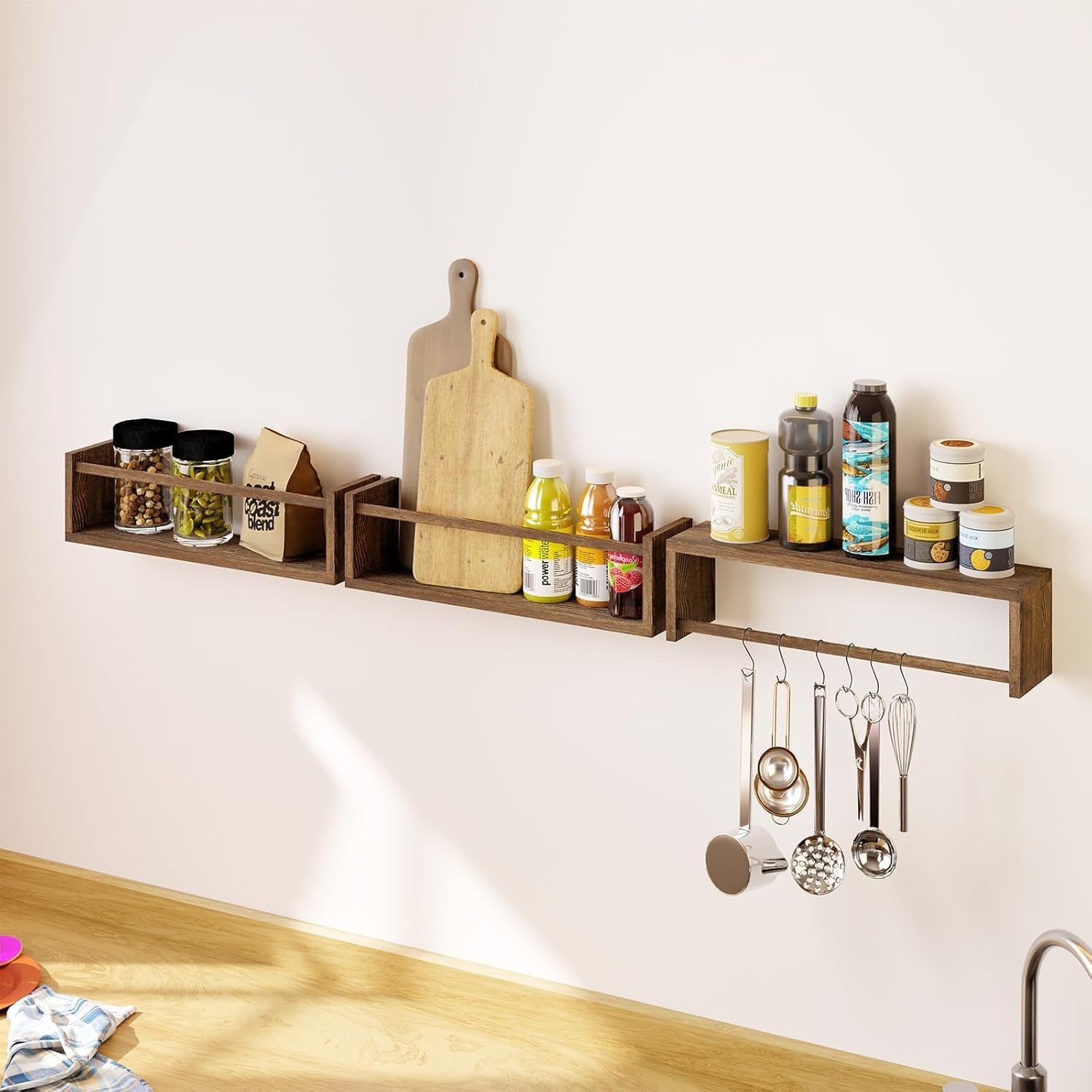 Floating Nursery Book Shelves, 3 Pack Wood Floating Shelves for Kids Room, Small Wood Book Shelf Wall Mounted for Baby Boys Girls, Toy and Decor Storage for Bedoom (Brown)