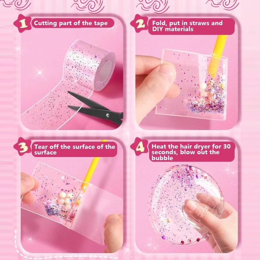 Nano Bubble Tape Kit,2 Roll Nano Tape Bubble,Double Sided Tape Elastic Nano Tape Bubble DIY Craft Kit for Girls, Boys, Kids Party Favors and Novelty Toys(Pink)