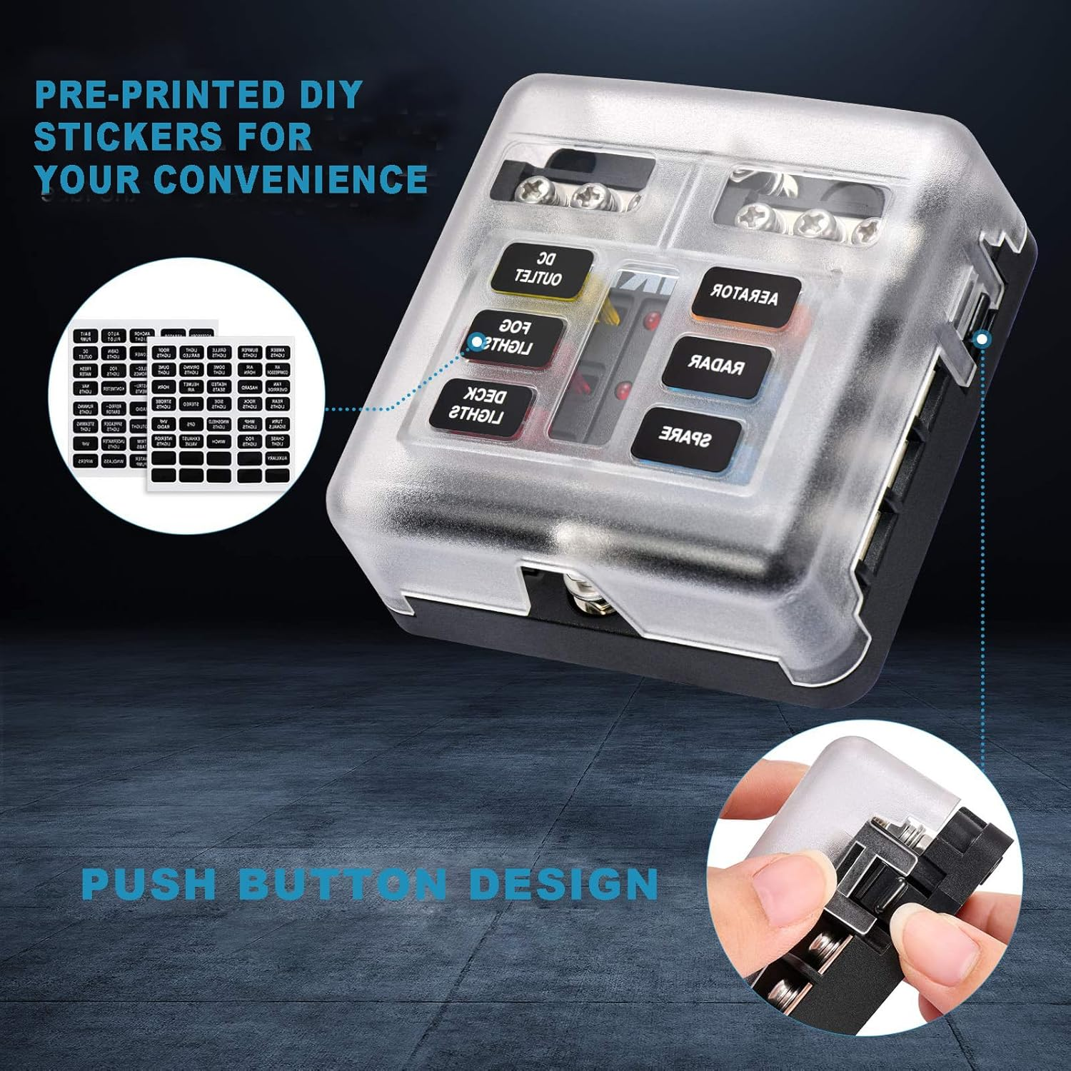 MAEZOE 6 Way 12V Fuse Box with LED Indicator, Heavy Duty Waterproof Blade Fuse Panel with Label Stickers & Negative Bus, for Car Marine RV Truck Boat DC 12-24V image number 5