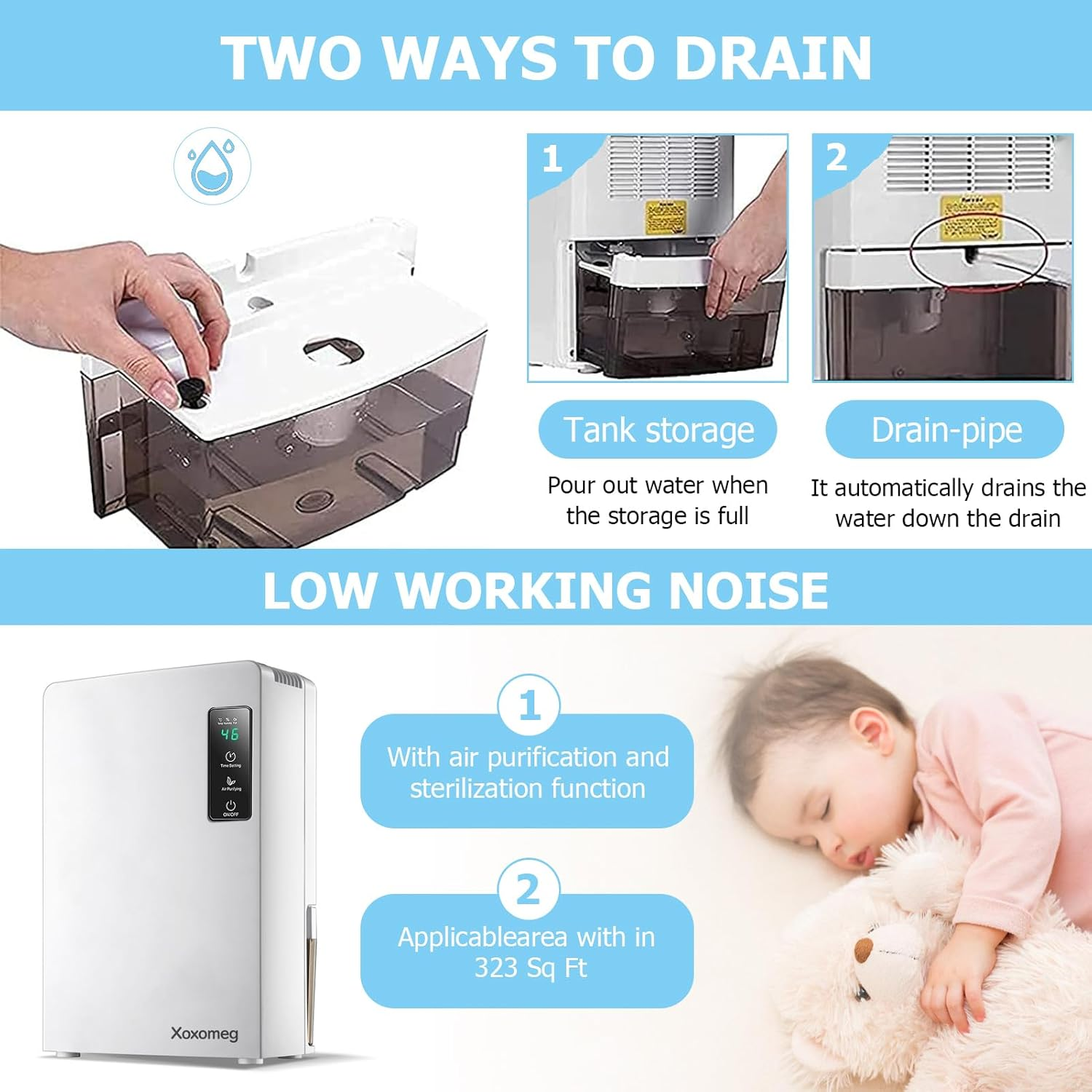 Xoxomeg 2.2L Dehumidifier, Portable Dehumidifier and Quiet Moisture Absorber with a Drain Pipe Two Working Modes Could Auto off Energy Saving Suitable for 15~30M&sup2; Bedroom Home Kitchen Closet image number 3