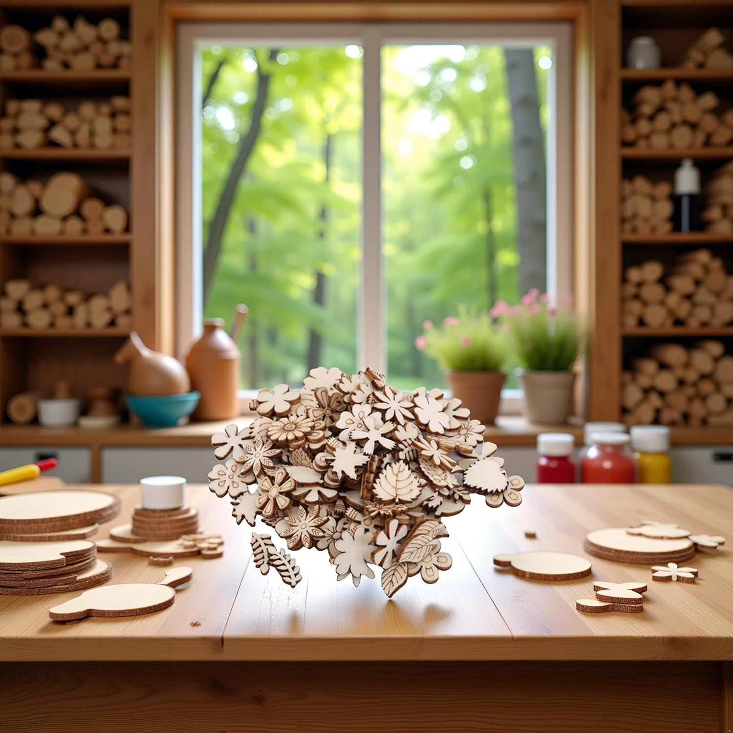 100 Pcs Unfinished Wooden Flower Wood Slice Leaf Pattern Wood Cutouts Pieces Mini Wooden Handmade Crafts Decoration, Craft Supplies image number 6