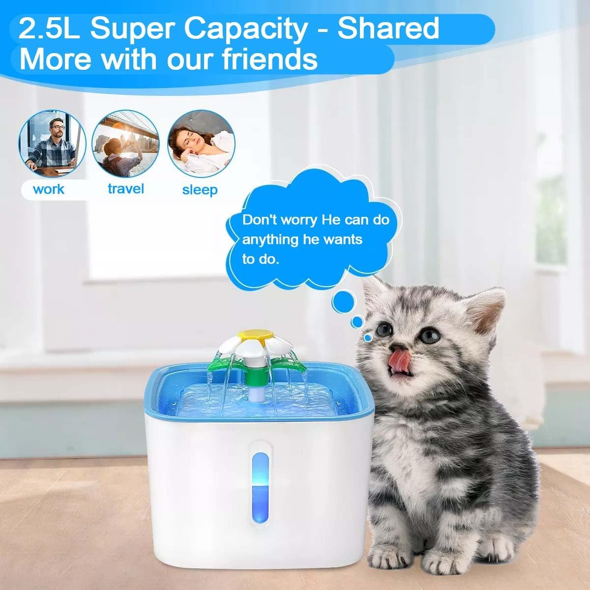 2.5L Cat Water Fountain Ultra Silent Pet Fountain,Smart Automatic Drinking Fountain,With Filtration System,Led Night Vision,Automatic Power-Off Due to Water Shortage,Suit for Cat,Dog Water Fountains image number 2