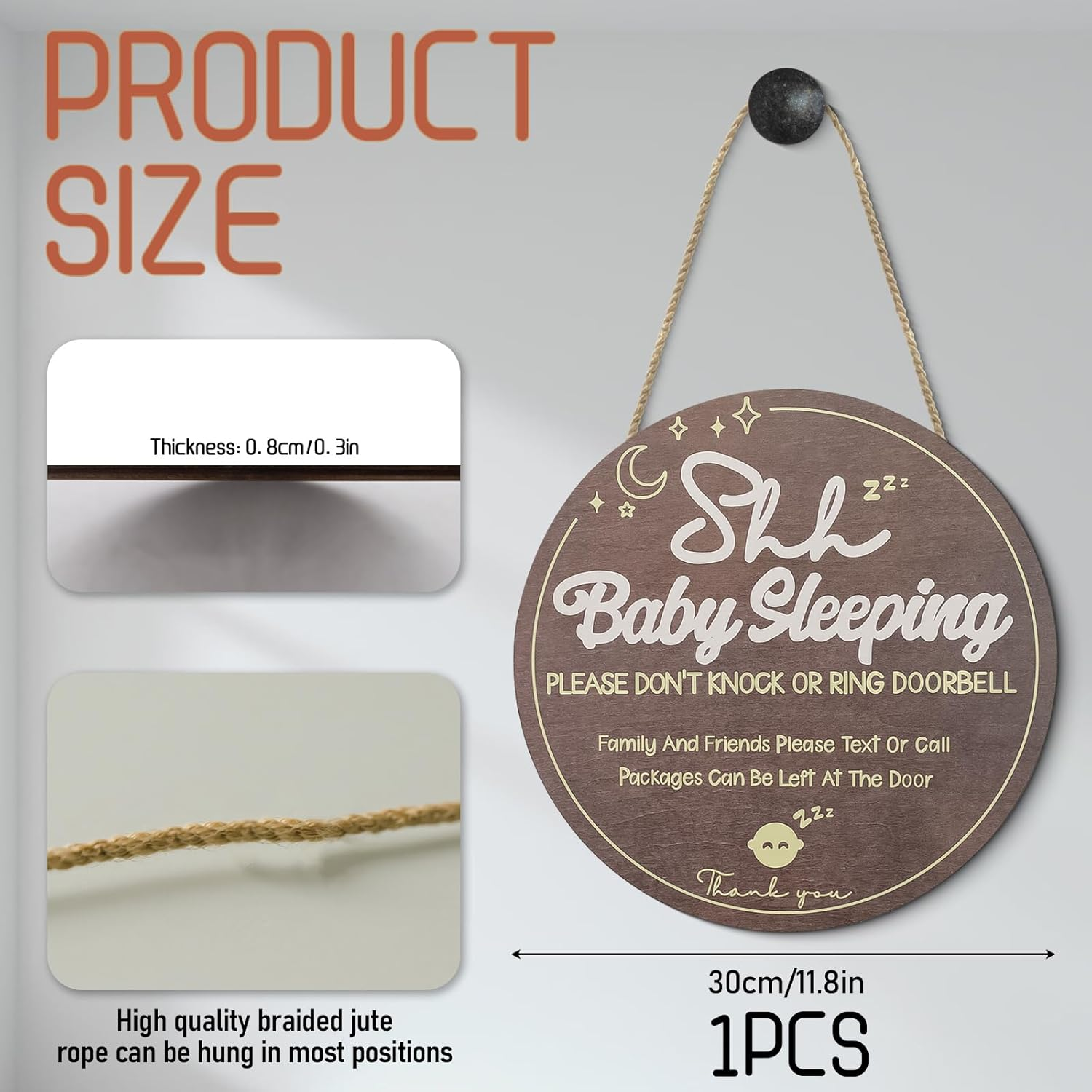 Wooden Shh Baby Sleeping Sign for Front Door, Hanging Do Not Knock or Ring Doorbell Sign with Rope, Rustic Front Porch Decorations Outdoor for Home Bedroom Nursery Wall (Brown) image number 4