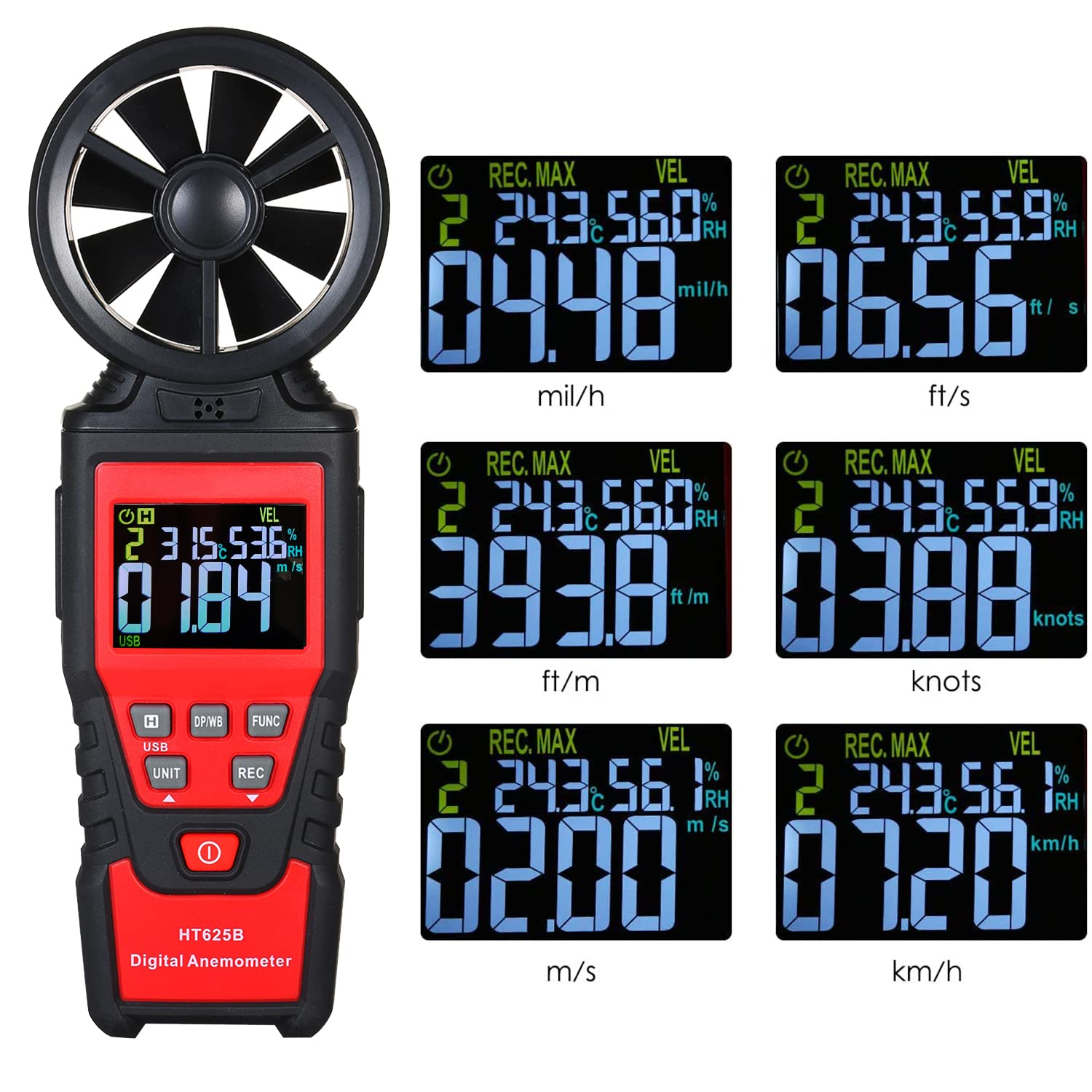 Handheld Anemometer Digital Wind Speed Meter with USB, LCD Color Display Measures Wind Speed Humidity Temperature, Air Flow Volume, Dew Point Temperature for HVAC Vents, Boat Sailing, Shooting HT625B