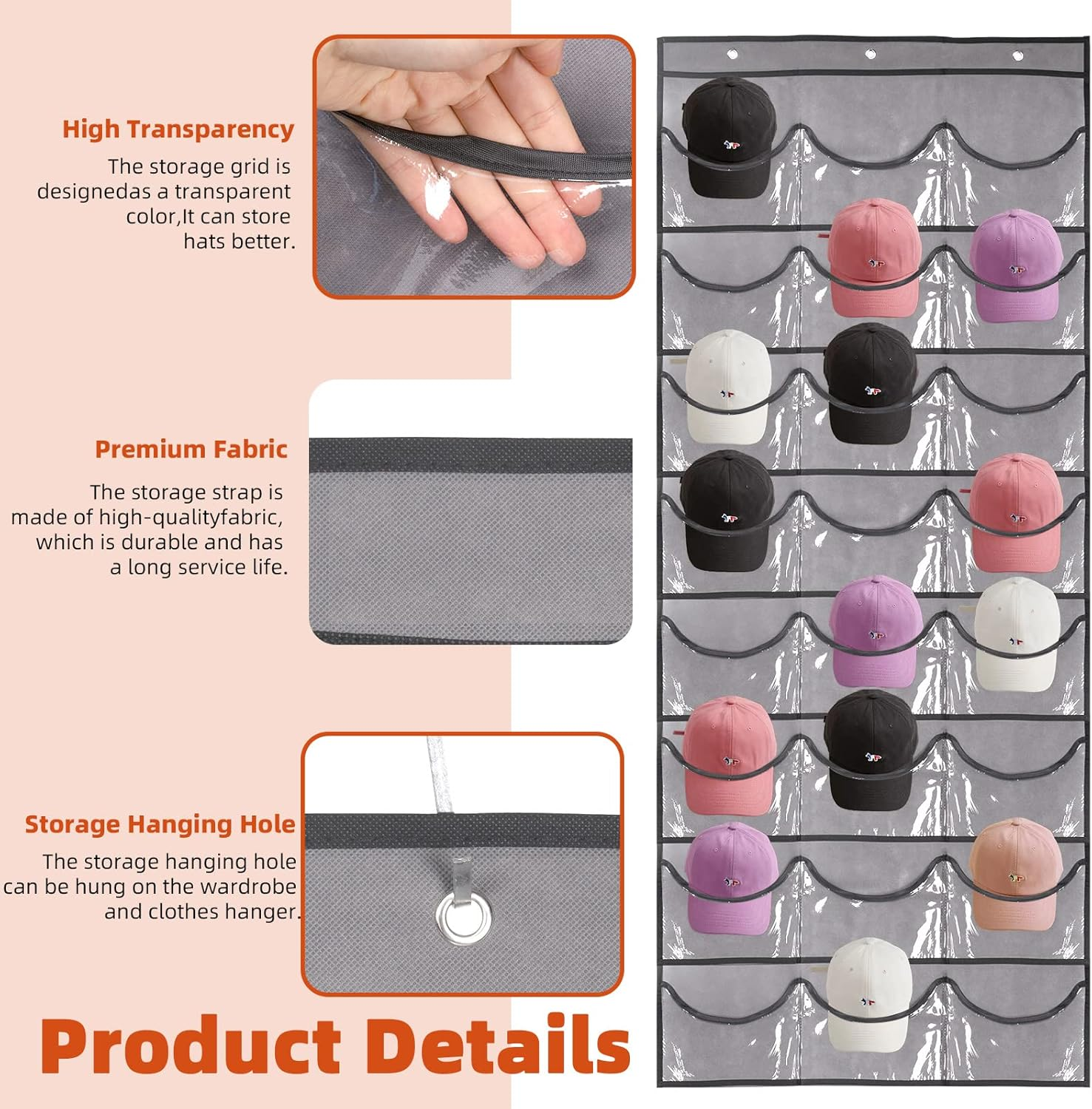 Tanstic 4-Pcs Gray Hat Rack with 24 Pockets and Hooks, Baseball Cap Organizer over the Door Cap Holder Stand Hanger for Home Closet Store Display image number 5