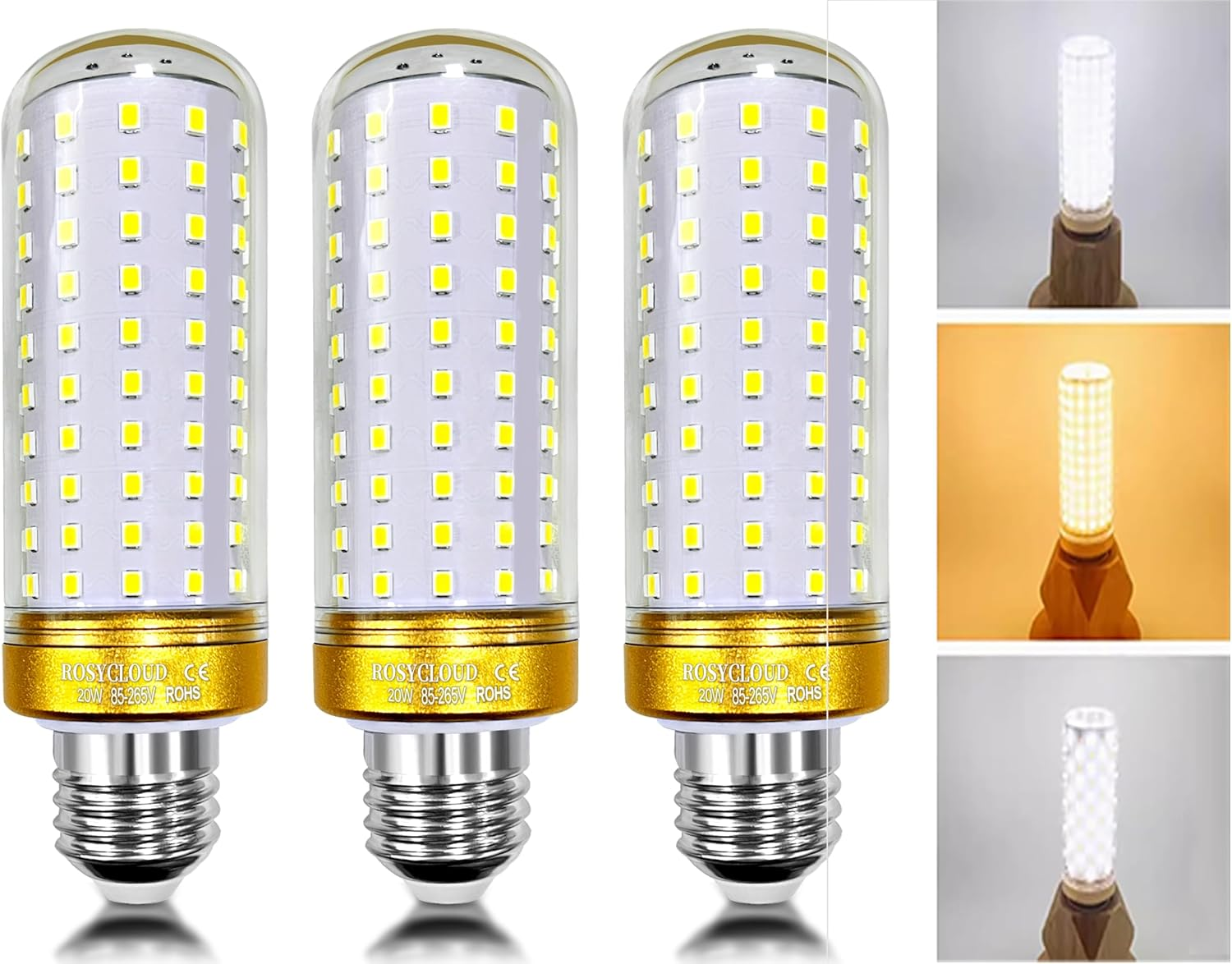 ROSY CLOUD E27 LED Bulb,20W Equivalent 200W Halogen Bulbs, 2400LM, Corn Light Bulbs for Home, Warehouse, Garden Lighting (Non-Dimmable, Warm White-E27-3 Count-Pack of 1)