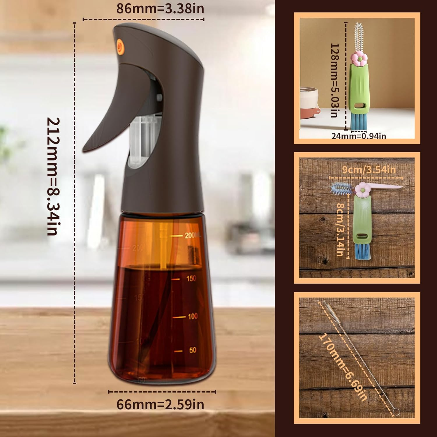 SHEGZHUC Olive Oil Sprayer for Cooking Glass, 200Ml Olive Oil Dispenser Bottle Brown, Spray Bottles Oil Dispenser for Kitchen, Kitchen Gadgets for Salads, Grilling with 3 in 1 Cap Brush ＆ Straw Brush image number 4