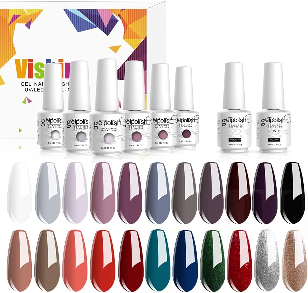 Vishine 24 PCS Soak off UV Led Gel Nail Polish Plain Range - 22 Color Gel Polish & No Wipe Base and Top Coat Starter Gel Nail