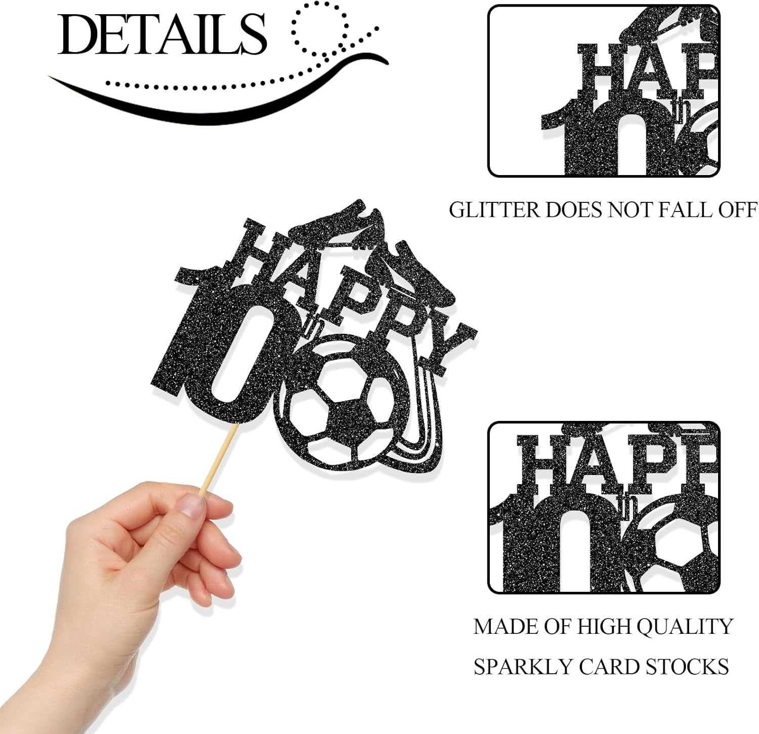 Monmon & Craft Soccer 10Th Birthday Cake Topper/Sport Theme Soccer Ball Cake Docer/Soccer Player Boy 10Th Birthday Party Decorations - Black Glitter image number 4