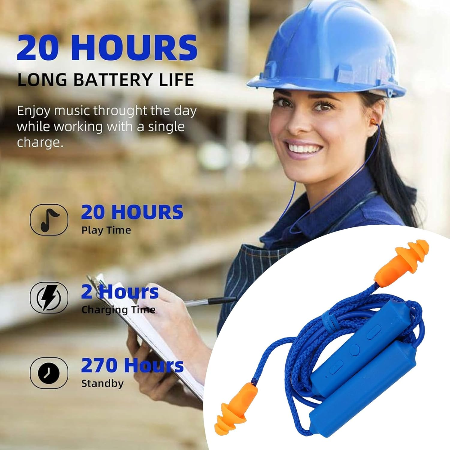 Bluetooth Earplug Headphones, 29Db Noise Reduction & IPX5 Water Proof, 20H Playtime, Concealable Neckband for Construction, Woodworking, Welding (Blue) - Blue image number 2