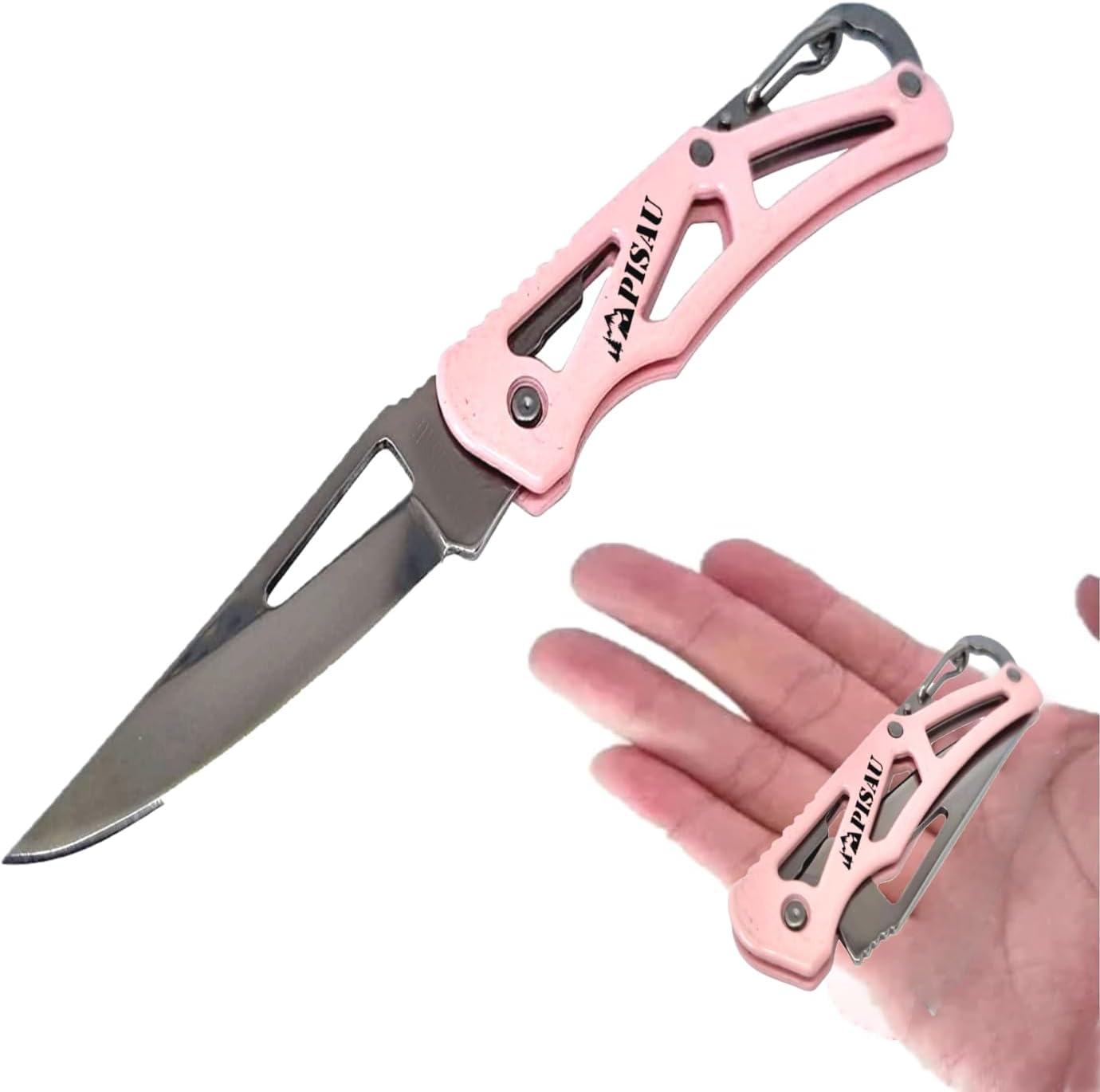 PISAU Small Stainless Steel Camping Folding Knife with Carbinner for Emergceny, Fishing and Camping (Pink) image number 5