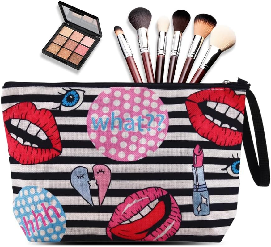 Funny Lips Print Makeup Bag for Women Girls Stripe Travel Cosmetic Pouch for Best Friend Bestie Anniversary Birthday Gifts for Daughter Fashionistas Lipstick Print Make up Organizer Makeup Lover Gift image number 6