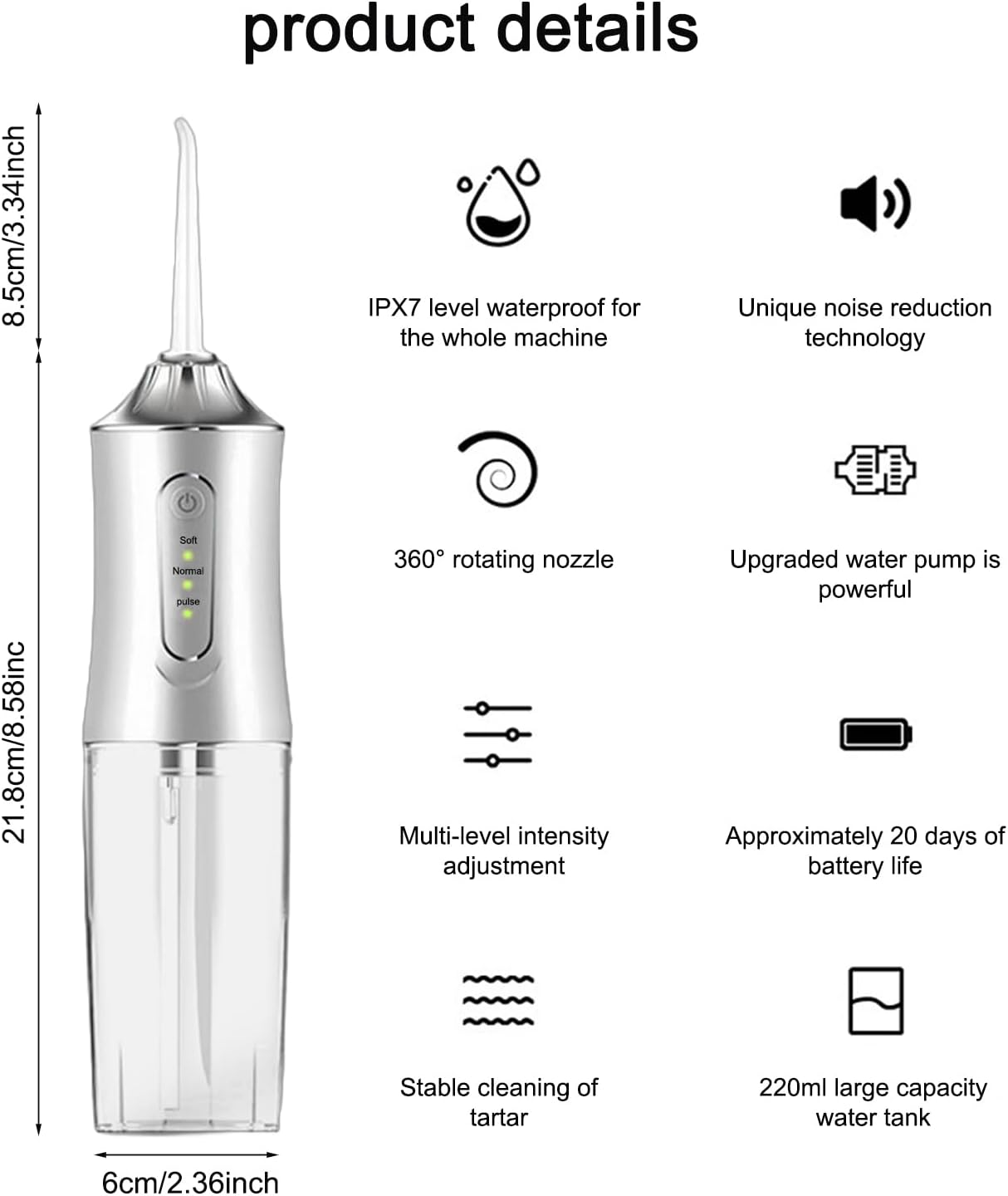 GIOD Water Flosser, Cordless Dental Oral Irrigator, Electric Portable Smart Tooth Cleaner, IPX7 Waterproof Rechargeable Dental Care with 3 Pressure Modes 4 Nozzles, 240Ml for Home and Travel (White) image number 4