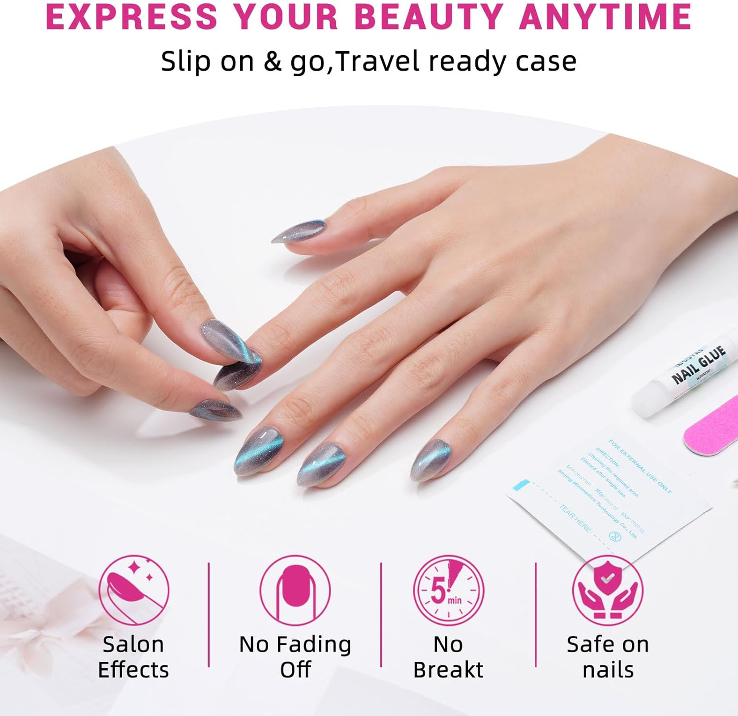 Cat Eye Press on Nails Short, Grey Handmade Almond False Nails with Green Glitter Design, Glossy Salon Perfect Magnetic Gel Bling Nails in 12 Sizes - 24Pcs Glue on Nails Kit for Women image number 4