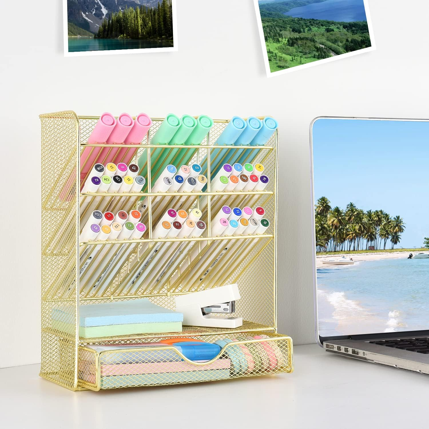 Spacrea Mesh Pen Organizer - Pencil Holder for Desk, Desk Organizer with Drawer for School, Home, Art Supplies (Gold) - Gold,Golden image number 4