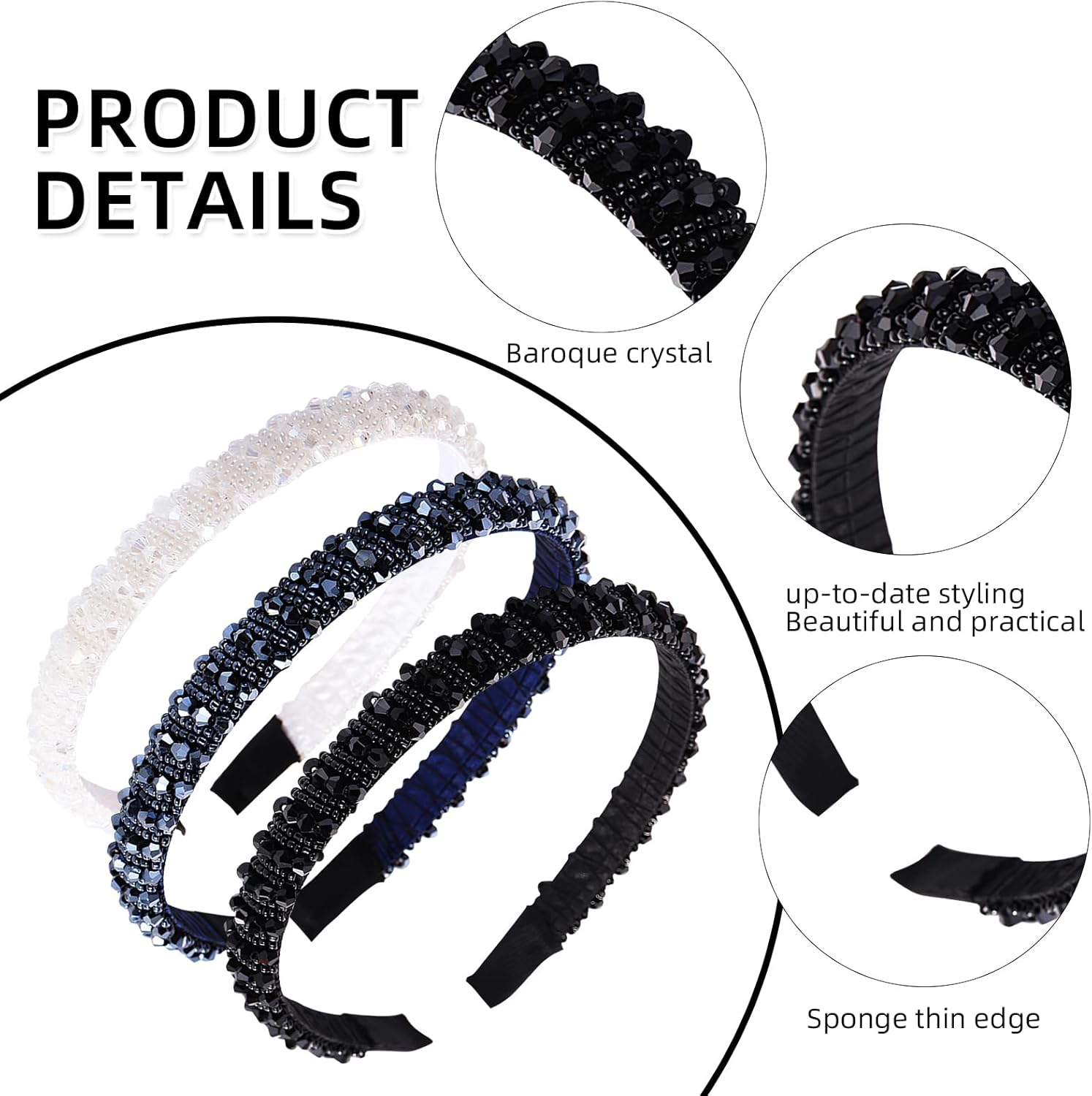 Pack of 3 Women'S Headband with Crystal Beads, Glitter Headband, Rhinestone Hair Band, Bling, Crystal Headbands, Wedding, Evening Party, Prom, Fashionable Padded Headband image number 5