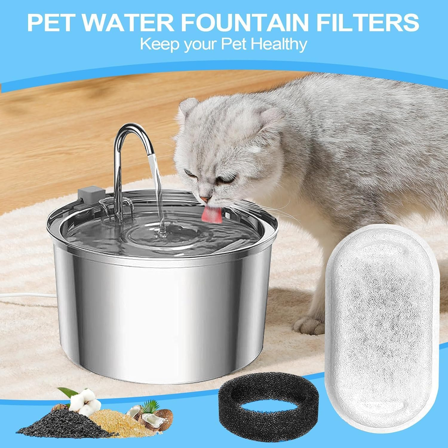 Cat Water Fountain Filters, 16 Pack Cat Fountain Filters, Cat Fountain Replacement Filters for 67Oz/2L&108Oz/3.2L Stainless Steel Cat Water Fountain, Pet Water Fountain Filters (8 Filters & 8 Sponges) image number 2