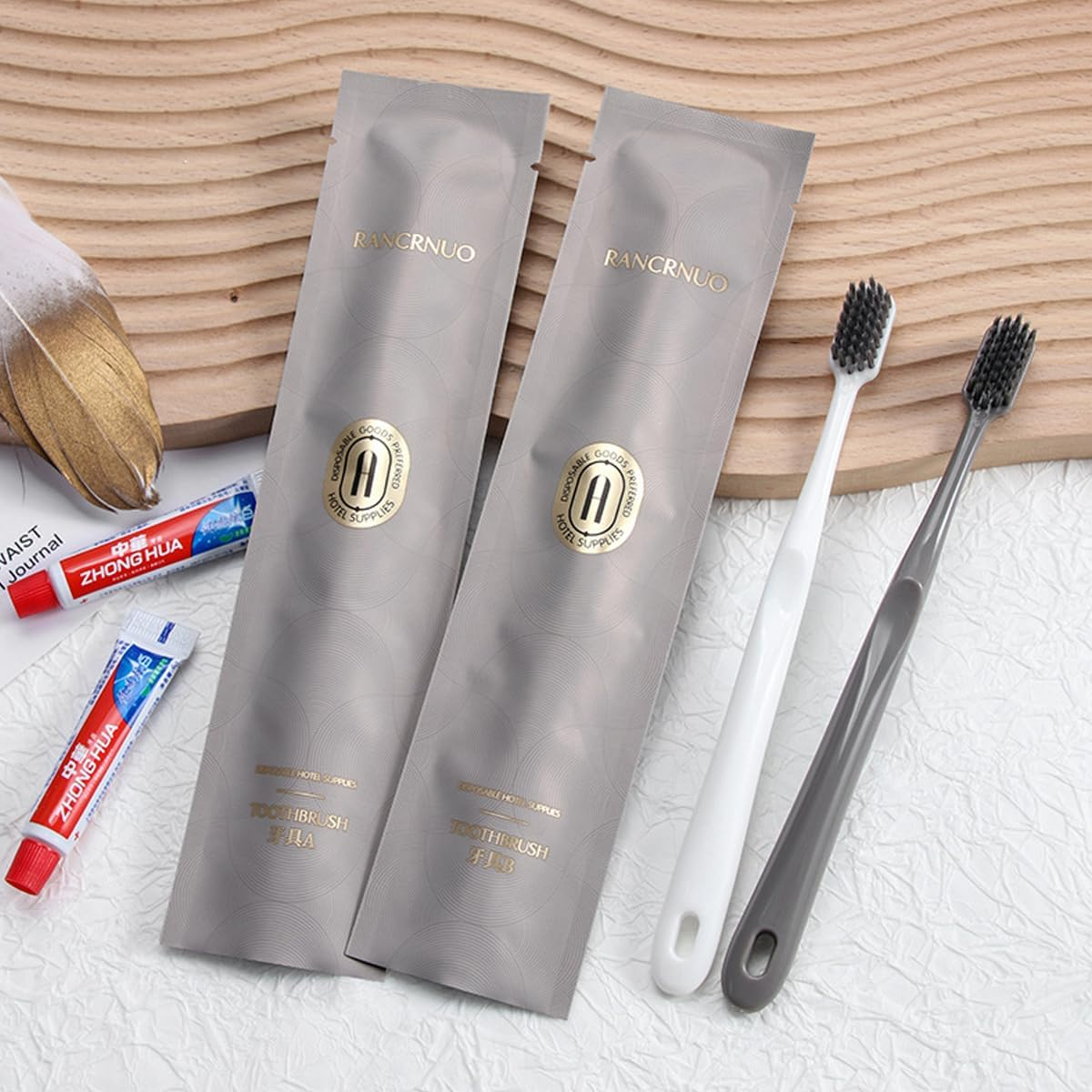 AIMALL Disposable Toothbrush with Toothpaste, Star Hotel - Grade Toiletries Set, for Hospitality/Homestay, Includes Shampoo/Shower Gel/Soap, Compact & Elegant, 4 Choices