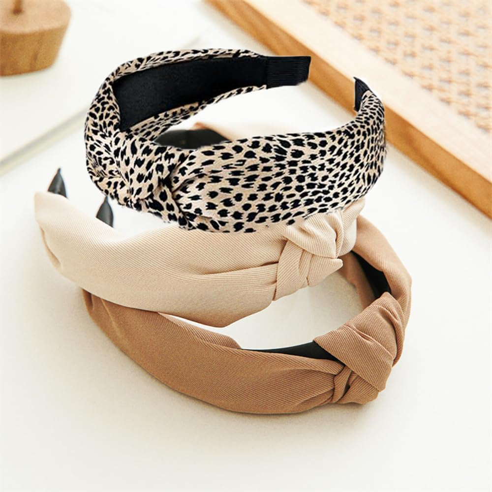 Hairbands,3 PCS Headbands for Women,Hair Bands for Women Wide Fashion Knotted Headband,Leopard Headband Non Slip Exquisite,Solid Color Elastic Hair Band Accessories,Suit for Girls and Women image number 5