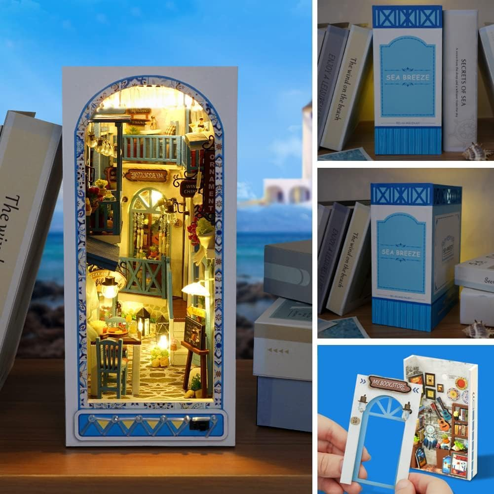 DIY Book Nook Kit 3D Wooden Puzzle Bookshelf Insert Decor with Light, DIY Miniature Dollhouse Model Kit Creative Bookshelf Insert Building Kits for Adults (Sea Breeze) image number 1
