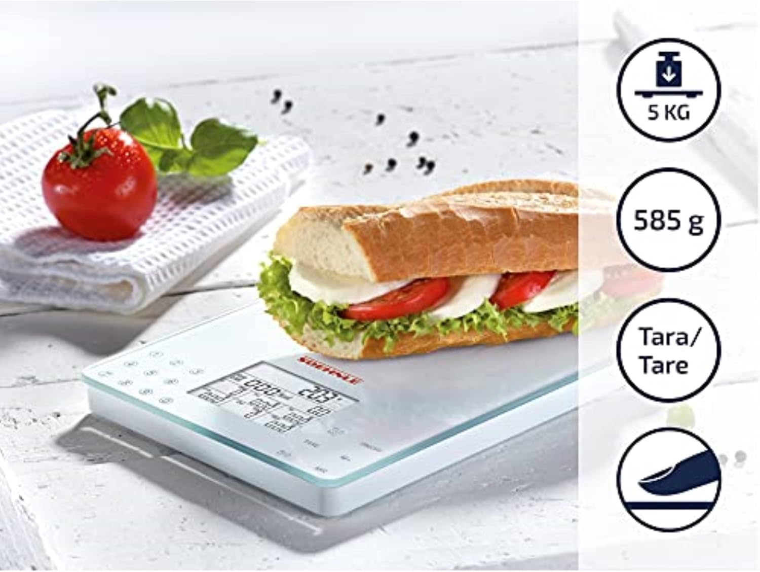 Soehnle 66130 Food Control Easy Digital Kitchen Scale &ndash; 5Kg Smart Nutrition Scale with Sensor Touch Controls, Add-Weight Function, Nutritional Value Display and Precise 1G Graduation