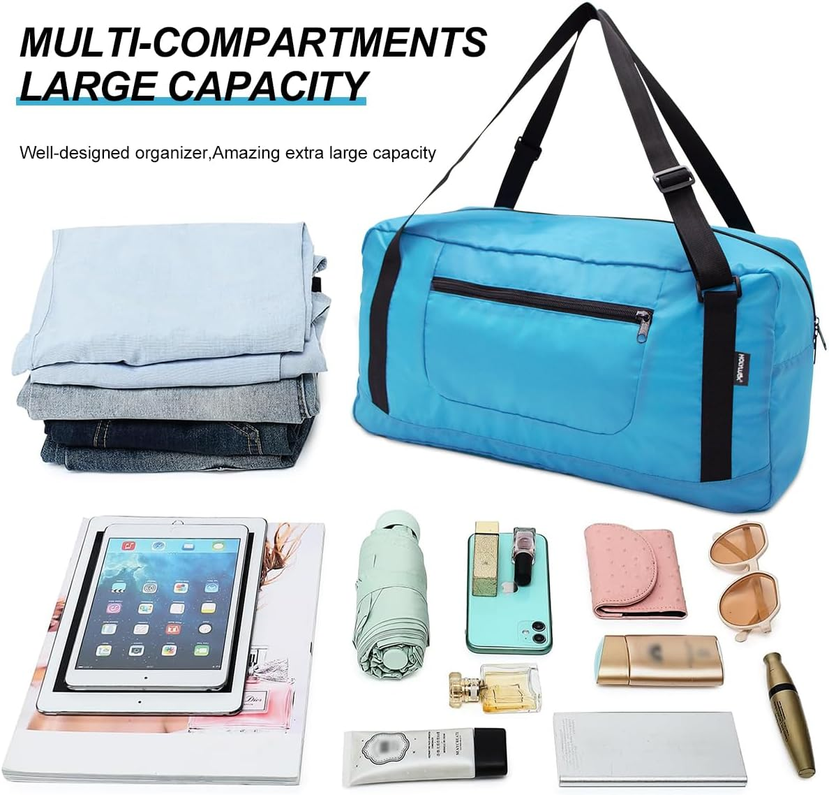 HOLYLUCK Foldable Travel Duffel Bag for Women & Men Luggage Great for Gym, A-Sky Blue, 30L, Travel Bag - A-Blue image number 4