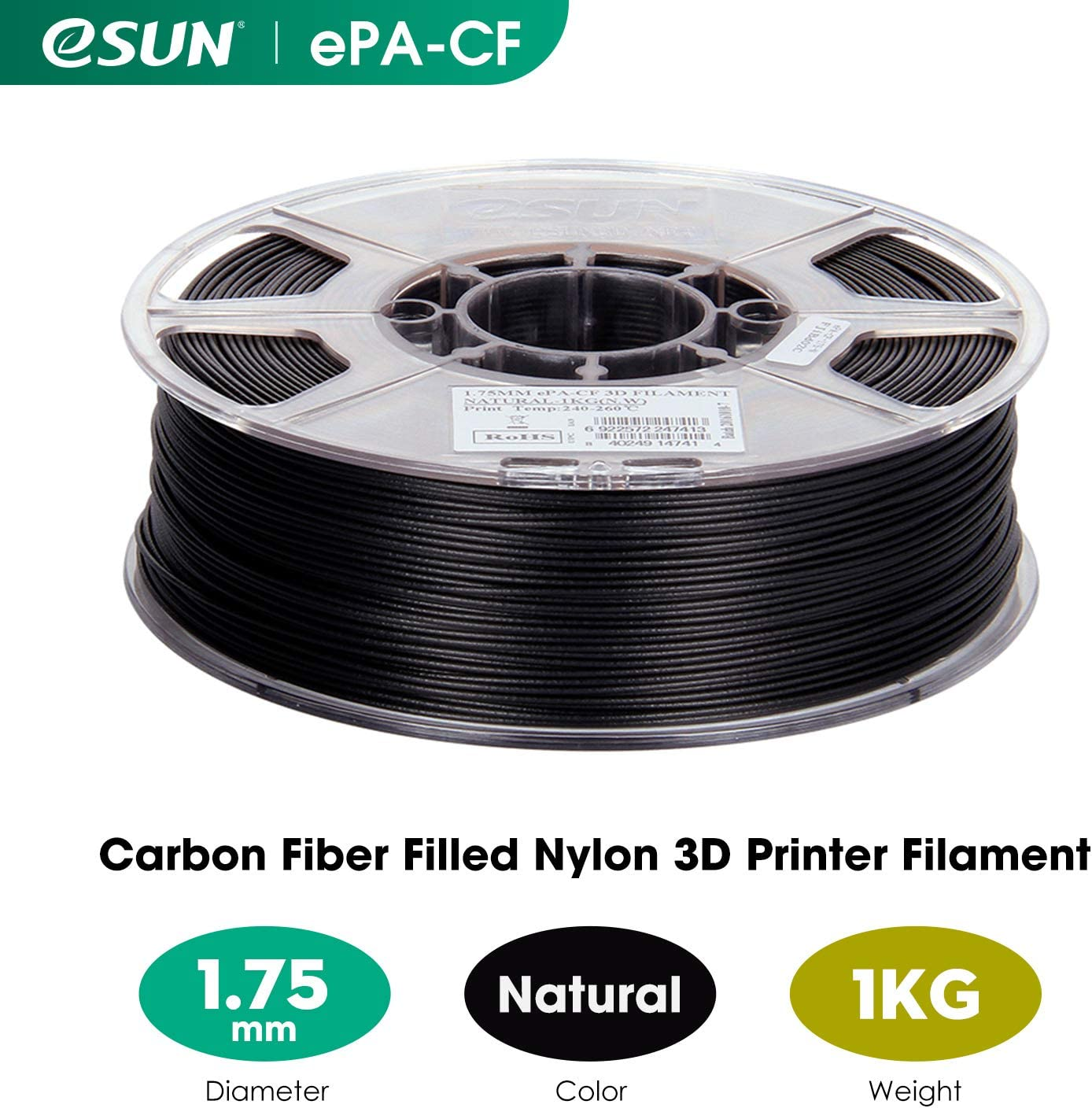 Esun 3D Printing Filament Nylon6 Carbon Fiber Spool 1.75Mm 1KG Dimensional Accuracy +/- 0.05Mm for 3D Printers image number 3