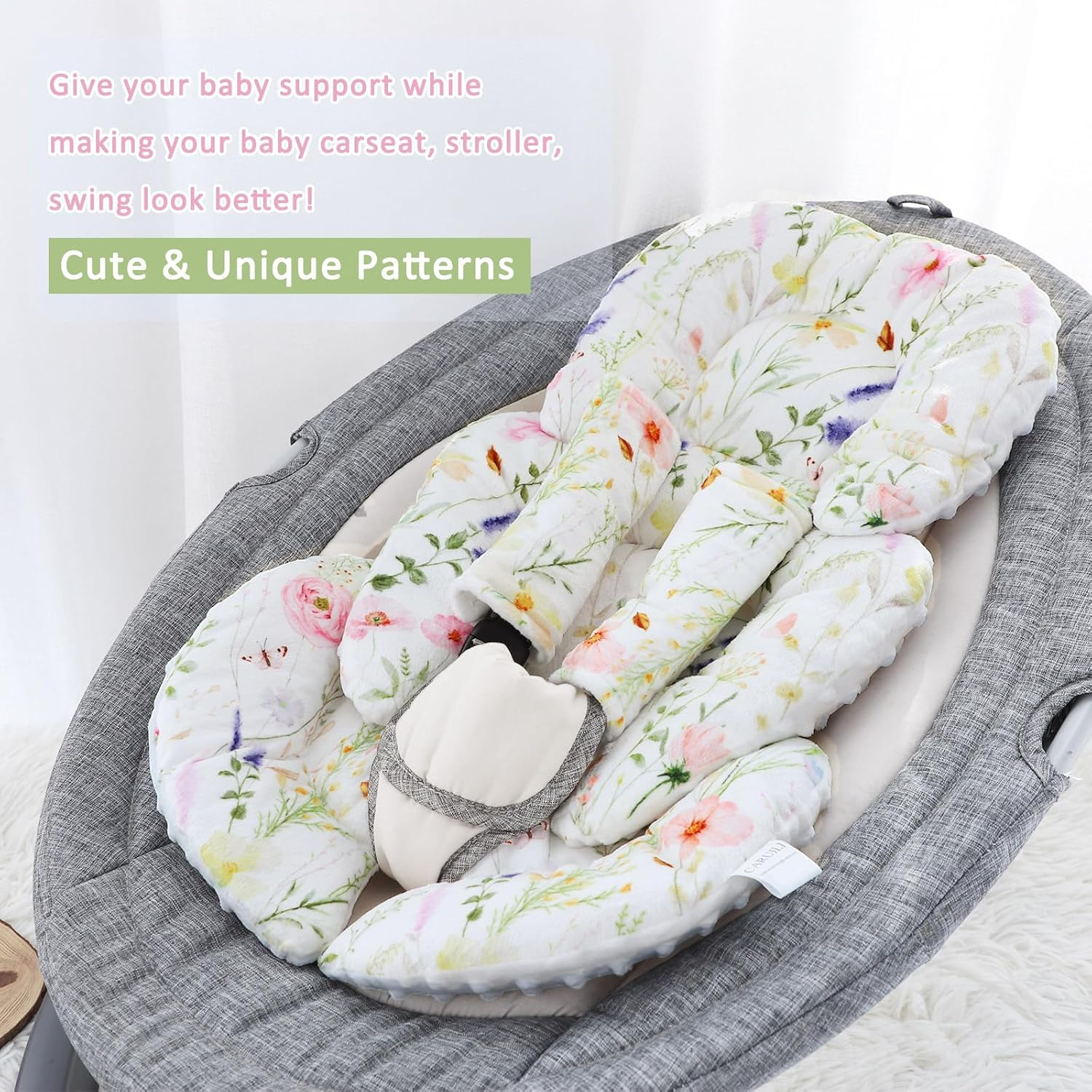 Infant Car Seat Insert Cushion, Super Soft Baby Car Seat Head Support & 2 Straps Pads, Reversible Preemie Newborn Carseat Insert, Fit Car Seat, Stroller, Infant Bouncer, Wildflowers image number 3