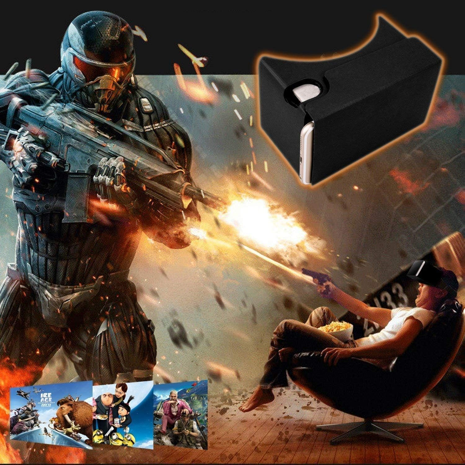 Virtual Real Store Google Cardboard, 3D VR Headsets DIY Virtual Reality Box Glasses with Clear Optical Lens and Comfortable Head Strap for All 4-6 Inch Smartphones (VR 2.0 BLACK) image number 1