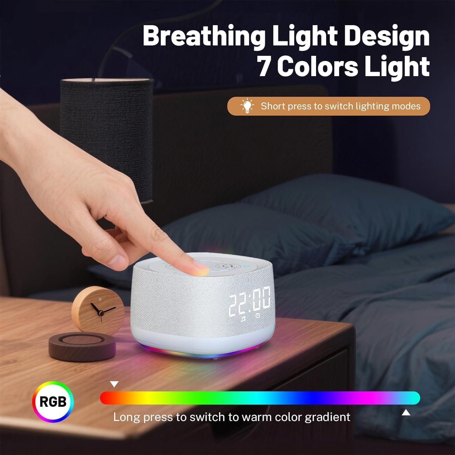 White Noise Machine & Alarm Clock with Bluetooth Music Player,14 Soothing Sound,7-Color Night Light,3-Timer Sleep Timer,Volume Control,Portable Hatch Sound Machine for Sleep/Office/Travel(White) image number 3