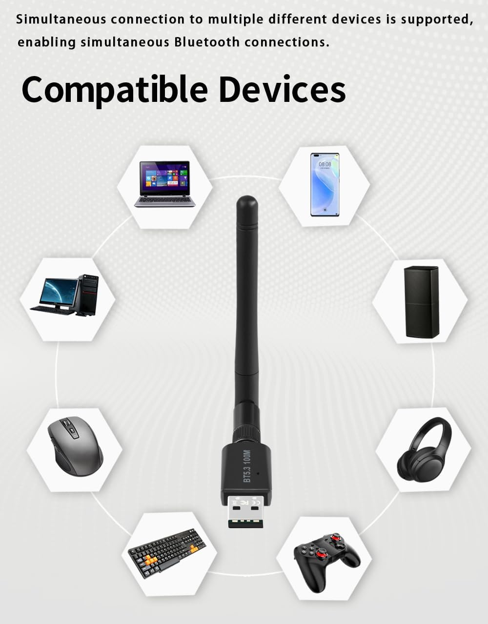 Super Long Range Bluetooth 5.3 Pro USB Adapter for PC Supports Windows 11/10/8.1/7, 5.3+EDR Bluetooth Wireless for Desktop, Laptop, Printers, Keyboard, Mouse, Headsets, Speakers image number 5