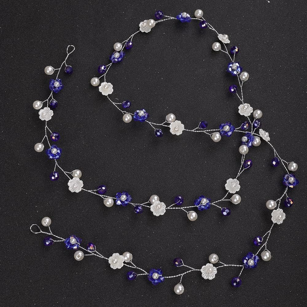 Teyglen Women Bride Wedding Blue Flower Crystal Headband Hair Vine Handmade Pearl Bridal Navy Blue Beads Headband Wedding Hair Accessories for Brides Floral Hair Pieces Headpieces for Women Girl image number 1