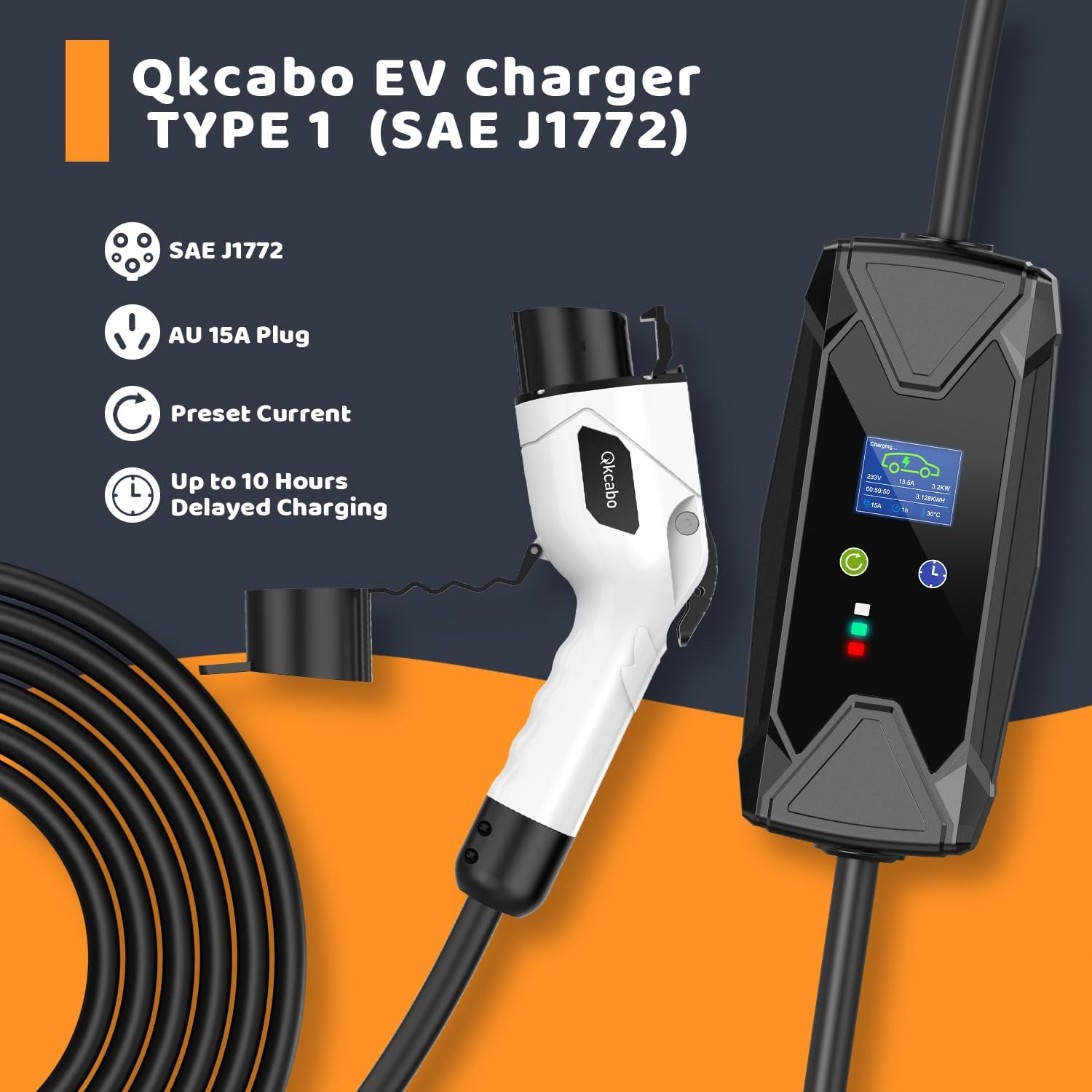 Qkcabo Type 1 EV Charger, 5 Meters Charging Cable 10A/15A 240V, Australian 15A Charger EV, Adjustable Current for SAE J1772 Electric Vehicle Car/Phev image number 3