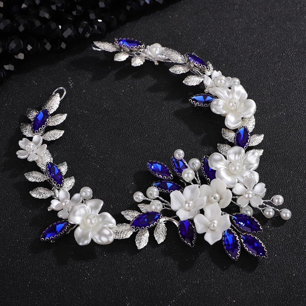 Teyglen Silver Leaf Flower Hair Vine Floral Flower Headpiece Blue Crystal Bride Wedding Headband Bridal Hair Accessories for Women Silver Rhinestone Pearl Hair Piece (Blue) - Peacock Blue image number 7
