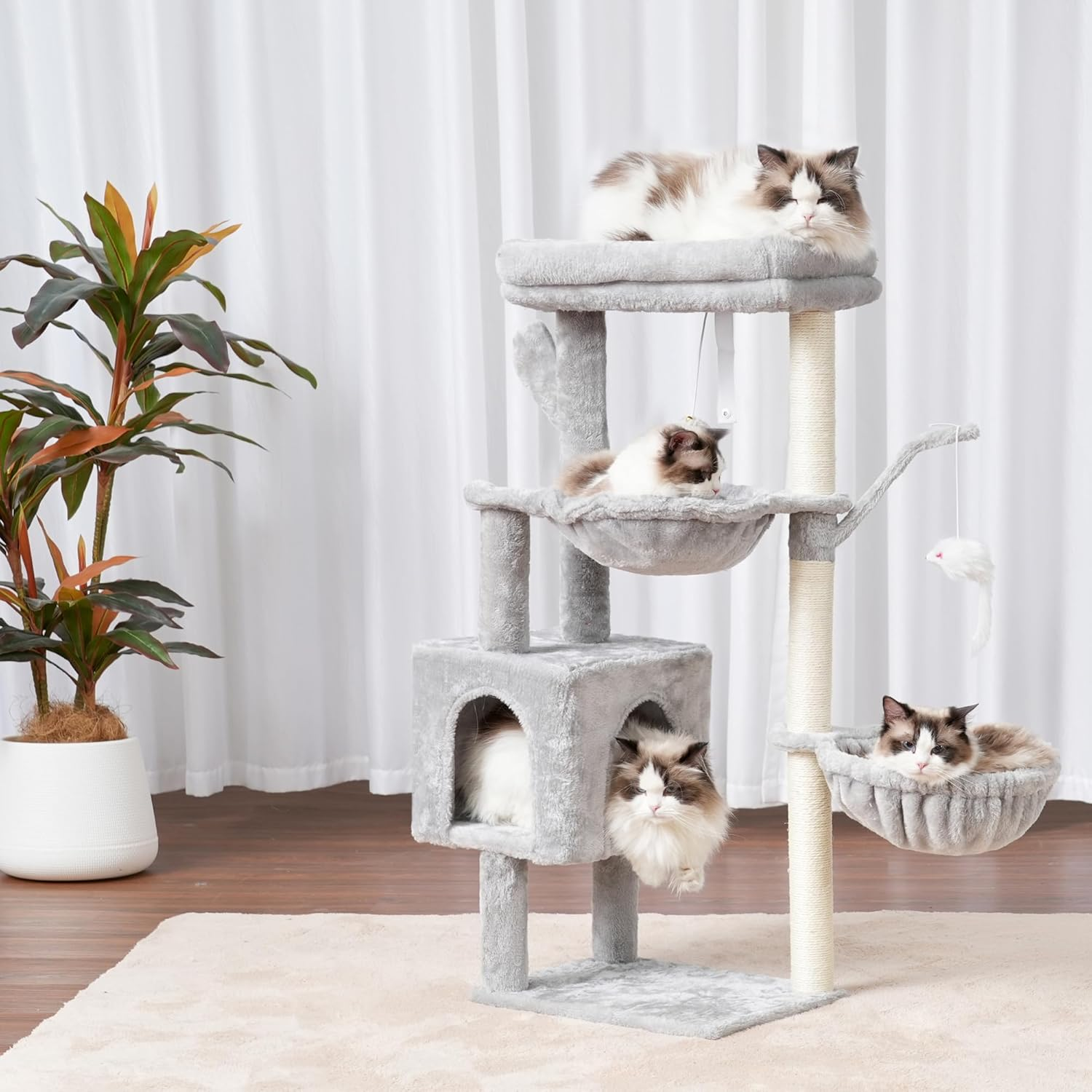 Heybly Cat Tree, 100Cm Cactus Tower Condo with Scratching Post, Cat Tower for Indoor Cats, Fully Wrapped Sisal Pole, Soft Platform, 2 Baskets and Dangling Toy, Light Gray HCT006SW image number 4