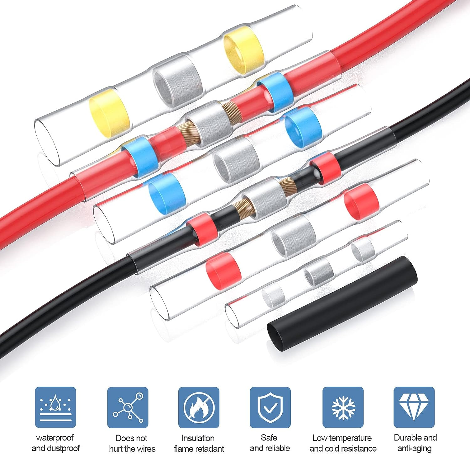 Solder Seal Wire Connectors, Heat Shrink Butt Connectors, Electrical Solder Butt Connectors, Solder Waterproof Insulated Electrical Wire Terminals for Marine Automotive Boat Truck Wire Joint (300Pcs) image number 4
