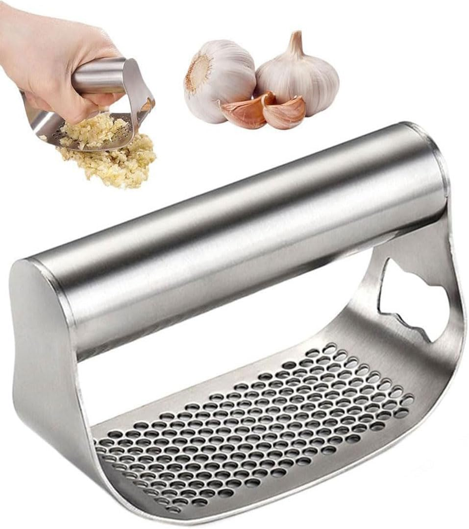 2024 New Stainless Steel Garlic Press,Garlic Press Crusher Garlic Masher with Peeler, Garlic Chopper Multifunctional Kitchen Gadget for Crushing Garlic image number 3