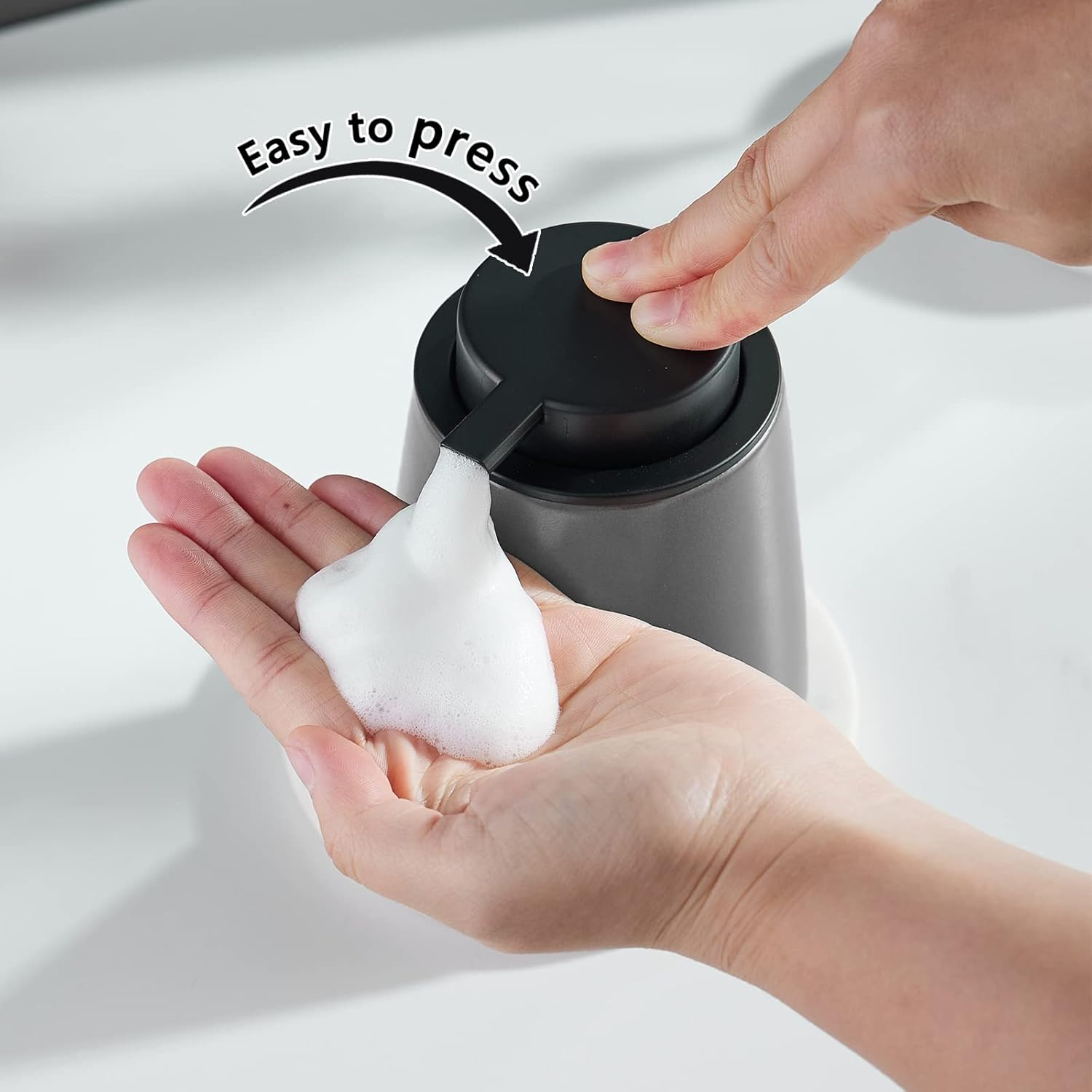 12Oz Grey Foaming Soap Dispenser - Ceramic Foam Hand Soap Dispenser with Easy-To-Press Black Pump, Refillable Bathroom Lotion Soap Dispenser, Dish Soap Dispenser for Kitchen Hand Wash Dispenser image number 4