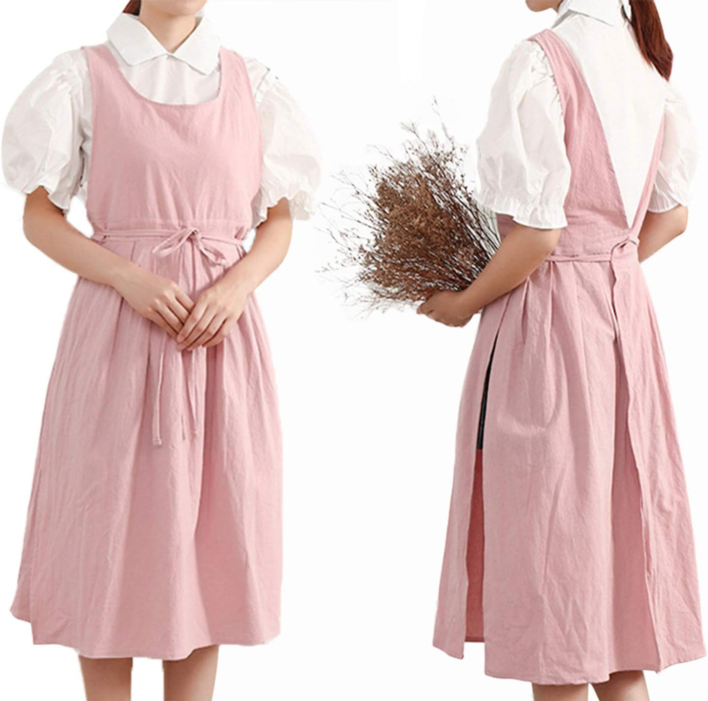 Women Girls Vintage Pleated Split Apron V Neck Gardening Works Cotton Overall Smock Pinafore Dress
