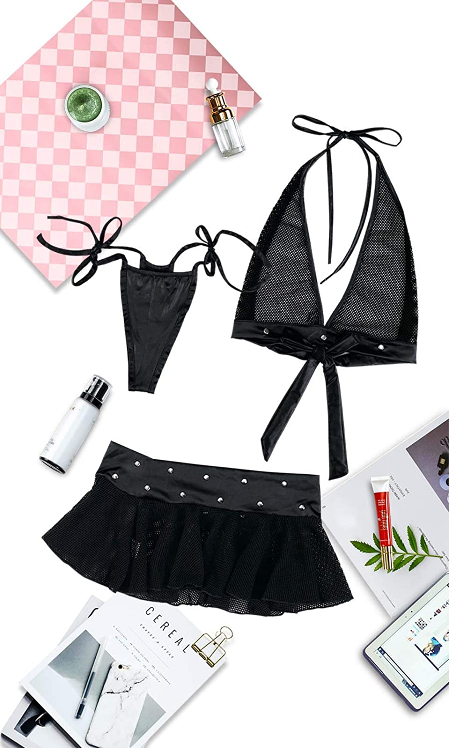Lingerie Set for Women 3 Pieces Halter Top and Mini Skirt with G-String Pant image number 3