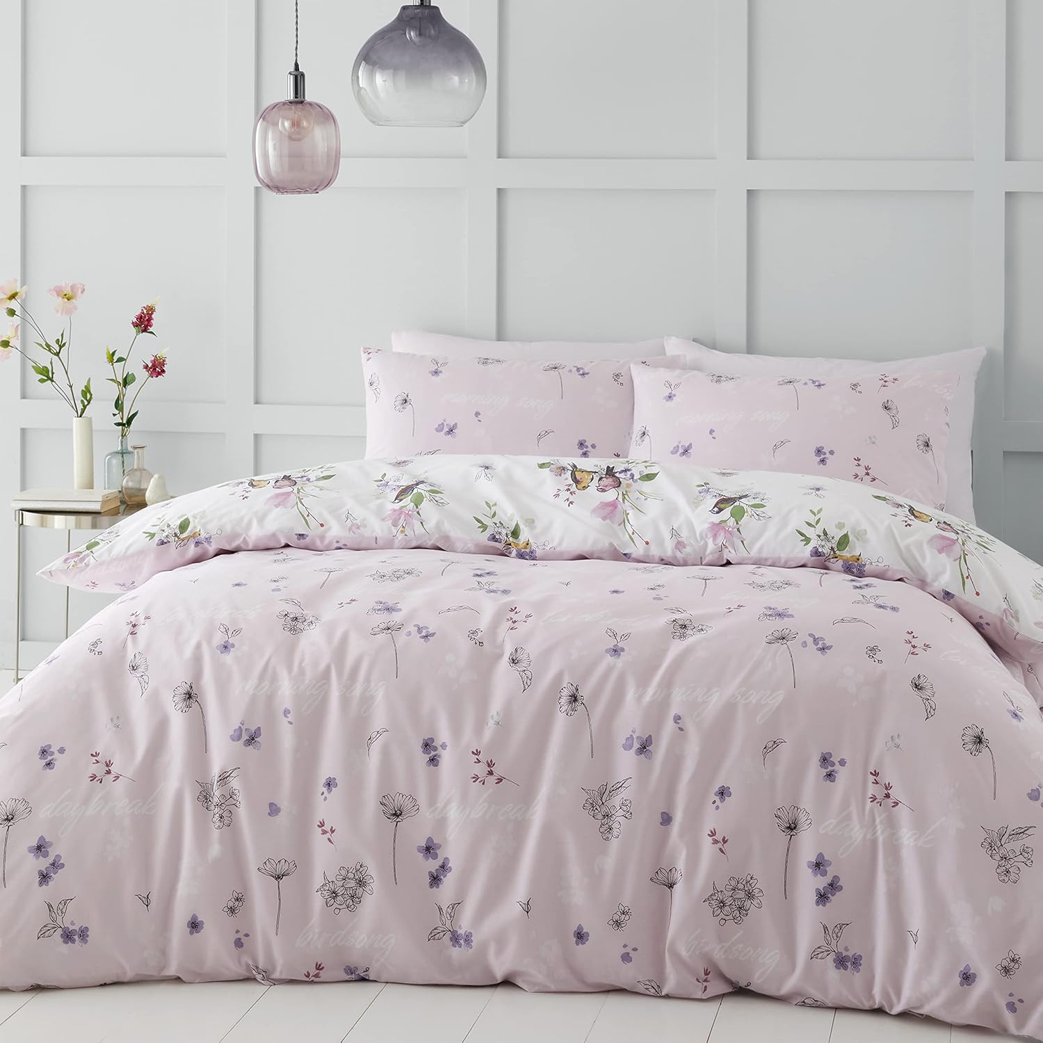 Catherine Lansfield Bedding Songbird Double Duvet Cover Set with Pillowcases Pink image number 1
