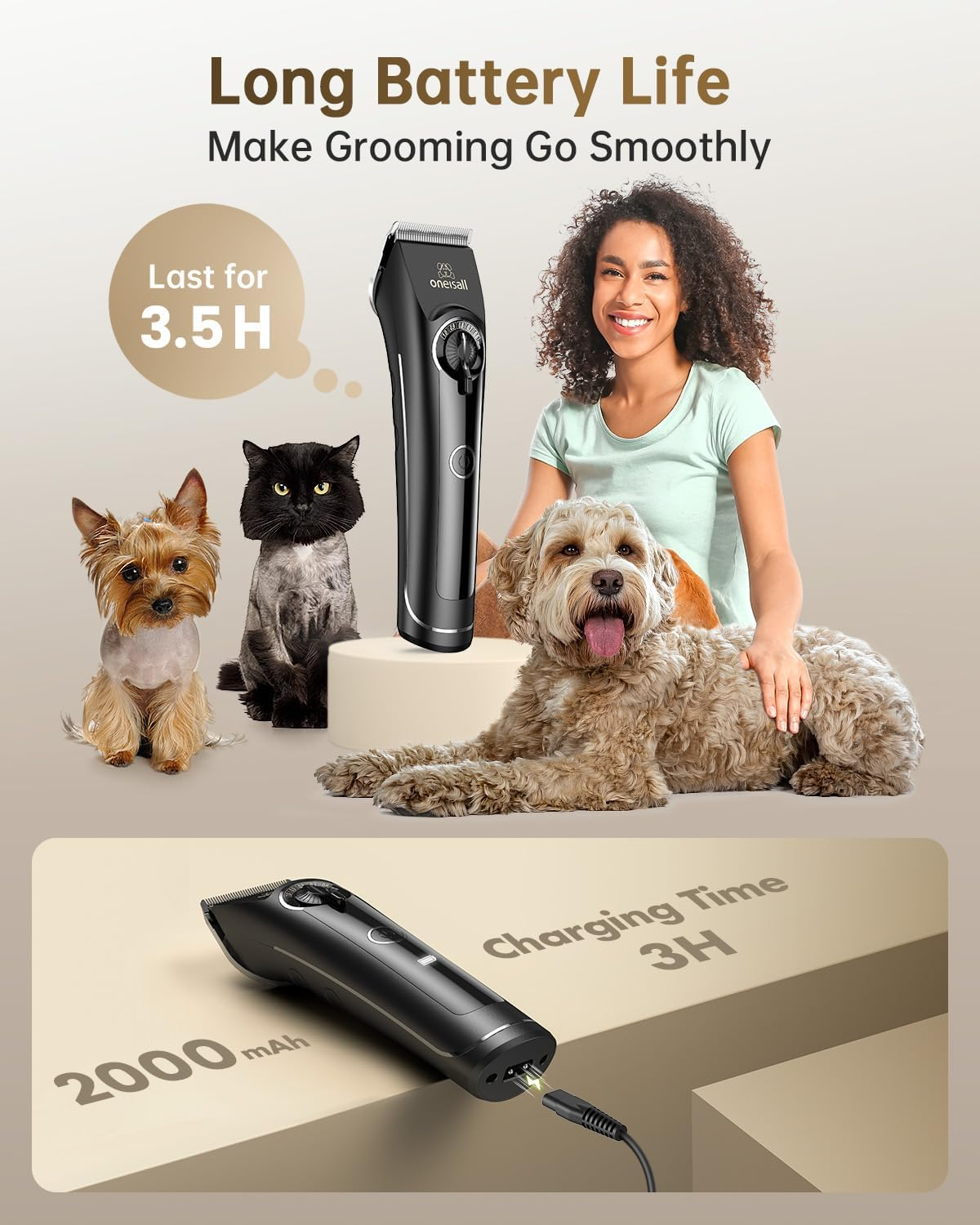 Oneisall Dog Clippers for Grooming Thick Curly Hair, Low Noise with Detachable Metal Blades, Heavy Duty Dog Grooming Kit Dog Trimmer/Shaver for Pets image number 1