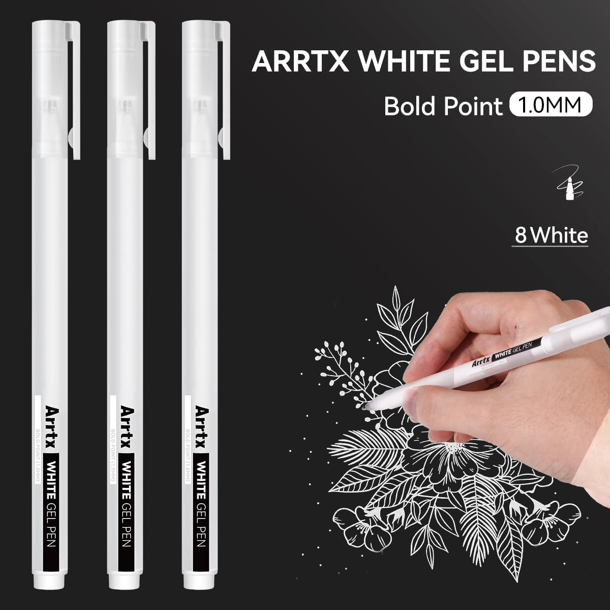 Arrtx White Gel Pens Set, 8 Pack, 1.0MM Bold Point Opaque Gel Ink Pens, Large Capacity White Ink Pens for Black Paper Drawing, Sketching, Illustration, Journaling, Writing, Adult Coloring image number 5