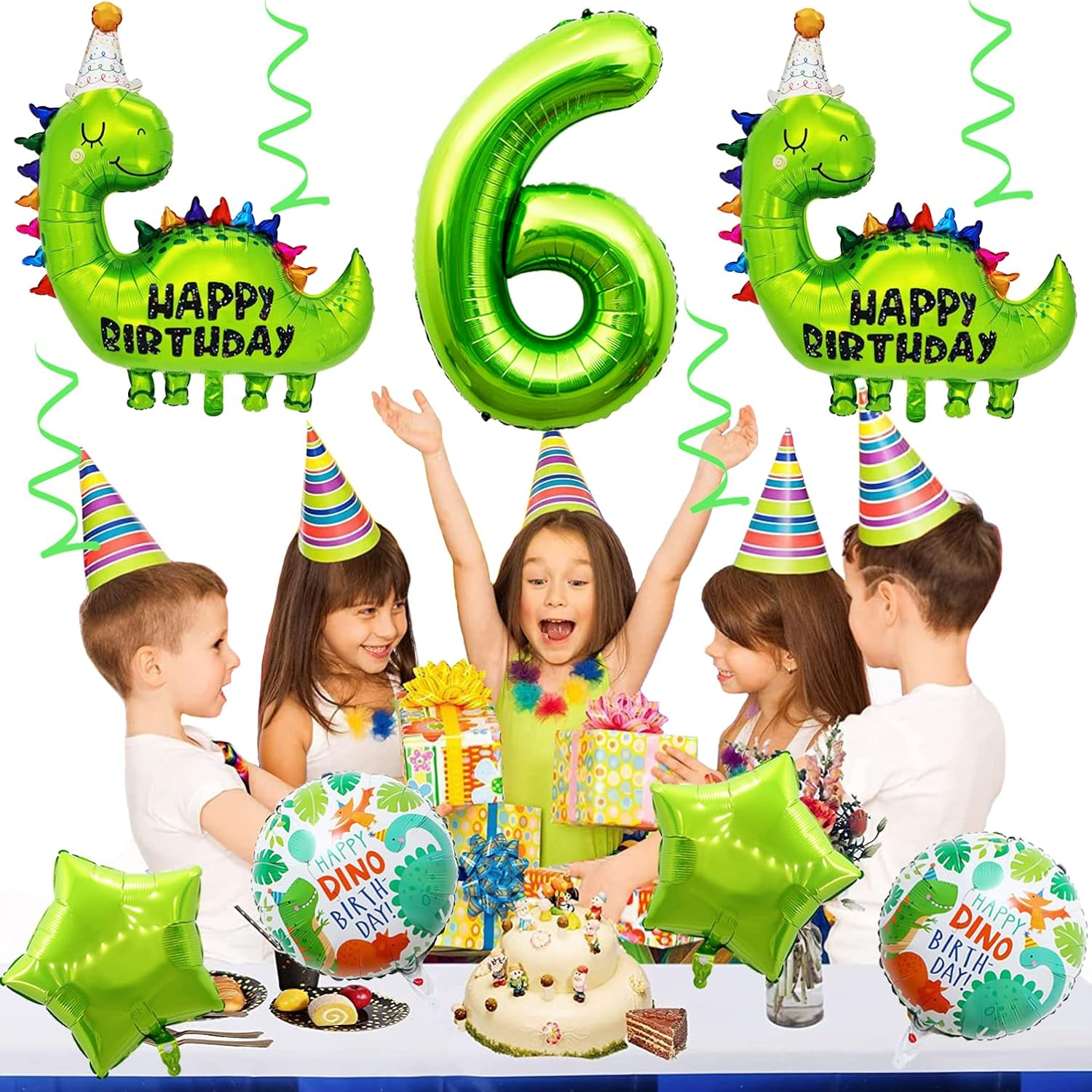6Th Dinosaur Birthday Balloons Big Cute Dinosaur Aluminum Foil Balloon Number 6 Mylar Balloon for Dino Themed Party Boys Girls Birthday Decor - Green - 3 image number 4