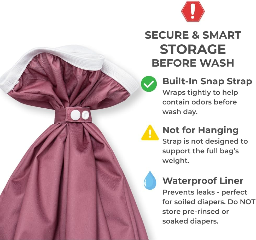 Nora'S Nursery Pail Liner for Cloth Diapers - Reusable and Washable - Fits All Standard Diaper Pails - Waterproof Pail Liner with Strap for Diaper Pails & Laundry (Rose- 2 Pk)