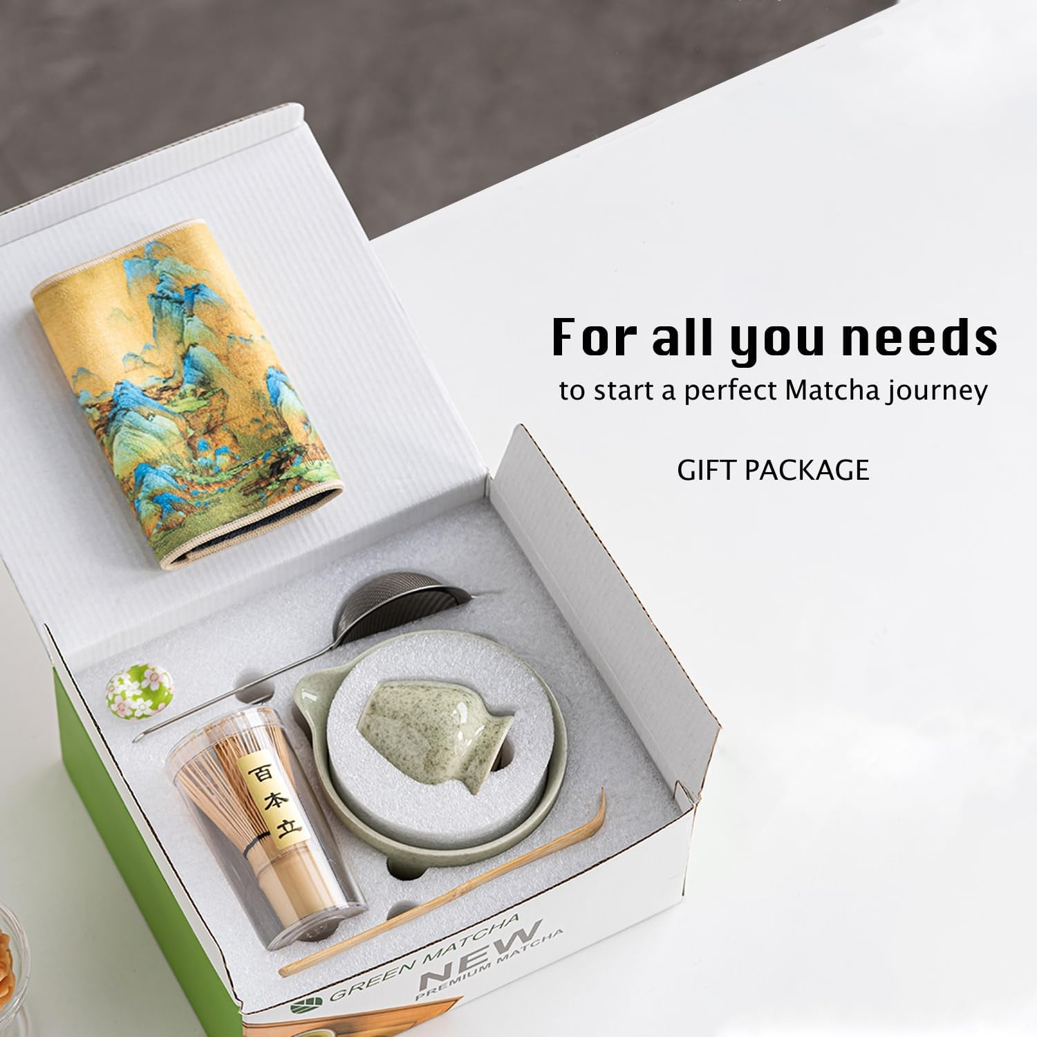 HJB VISSO Matcha Whisk Set - 8PCS Japanese Matcha Tea Kit for Traditional Tea Ceremony, Japanese Tea Making Tools with Whisk, Ceramic Bowl, Scoop,Tea Mat, Classic Green image number 6