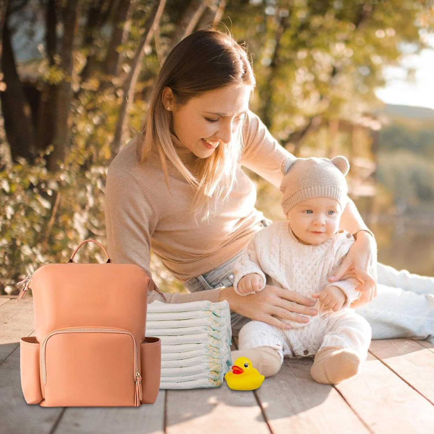 Diaper Bag Leather | Travel Baby Bag | PU Leather Diaper Backpack Waterproof Reinforced Zippers Pockets Organizer for Laptop for Mom image number 5