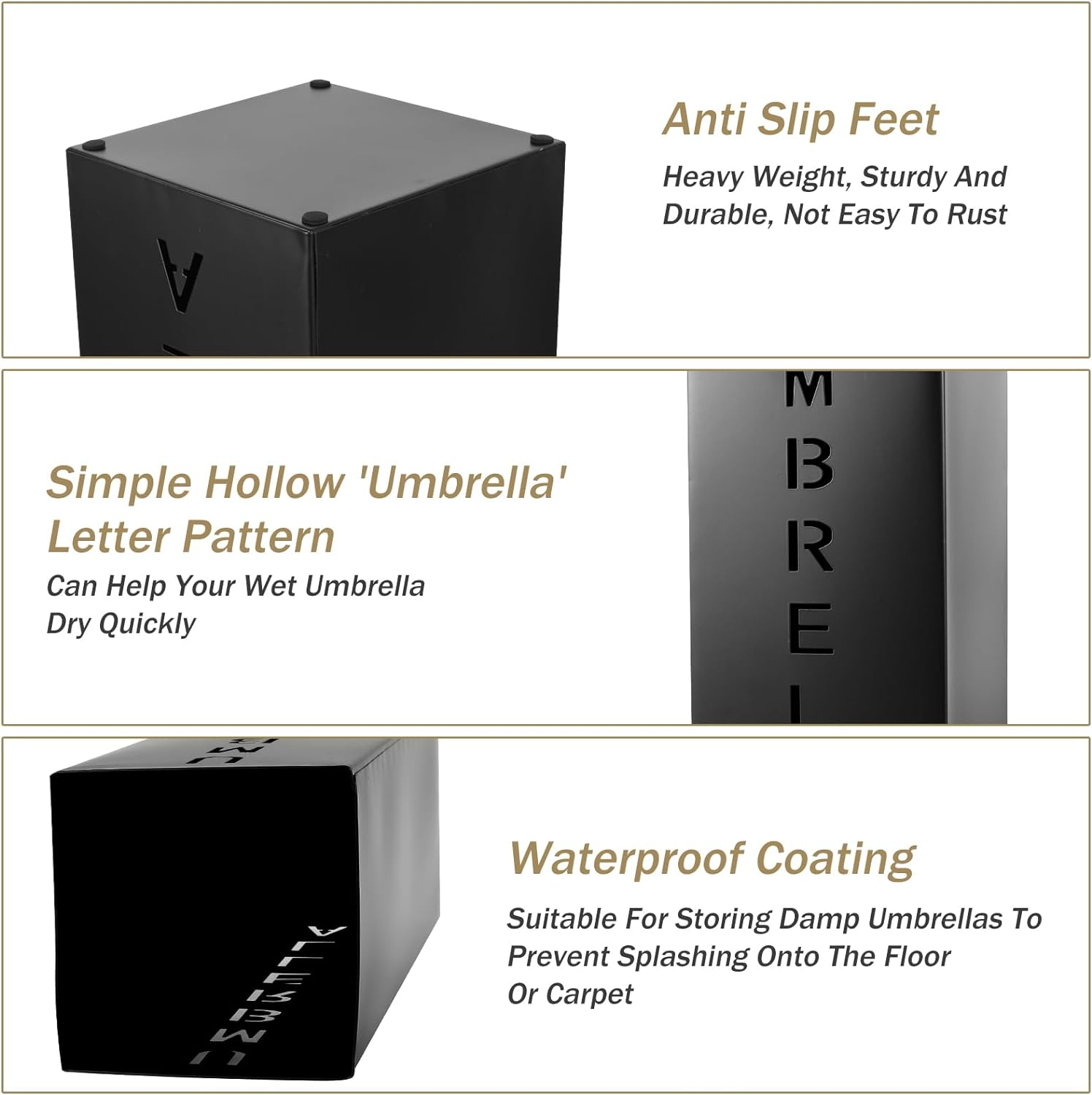 Metal Umbrella Stand, 16.5X6.3X6.3Inch Square Free Standing Umbrella Rack Decorative Umbrella Holder Bin Multipurpose Walking Sticks Holder for Umbrella Cane Entryway Home Office(Black) image number 4