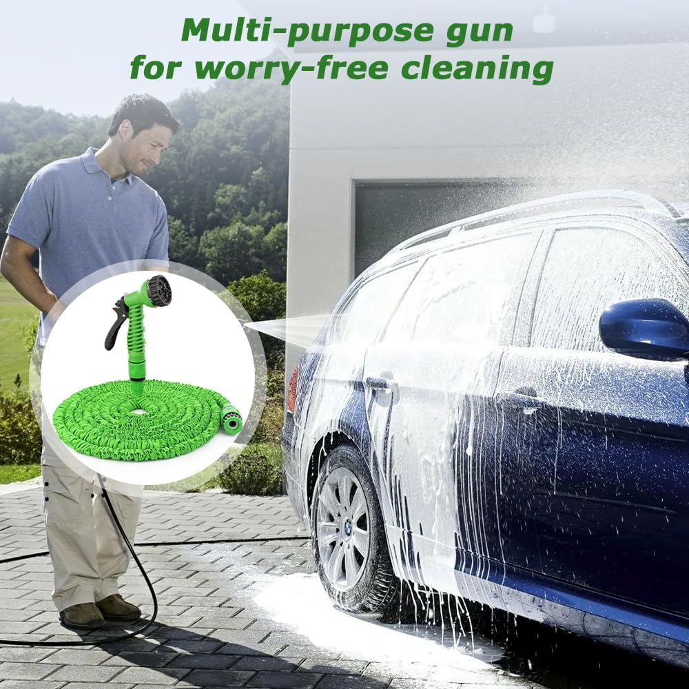 7 Function Spray Hose, Flexible Garden Hose, Expandable Water Hose, Multi Functional Garden Spray Hose,Suitable for Watering Plants Car Wash Gardening (Green, 15M) image number 2